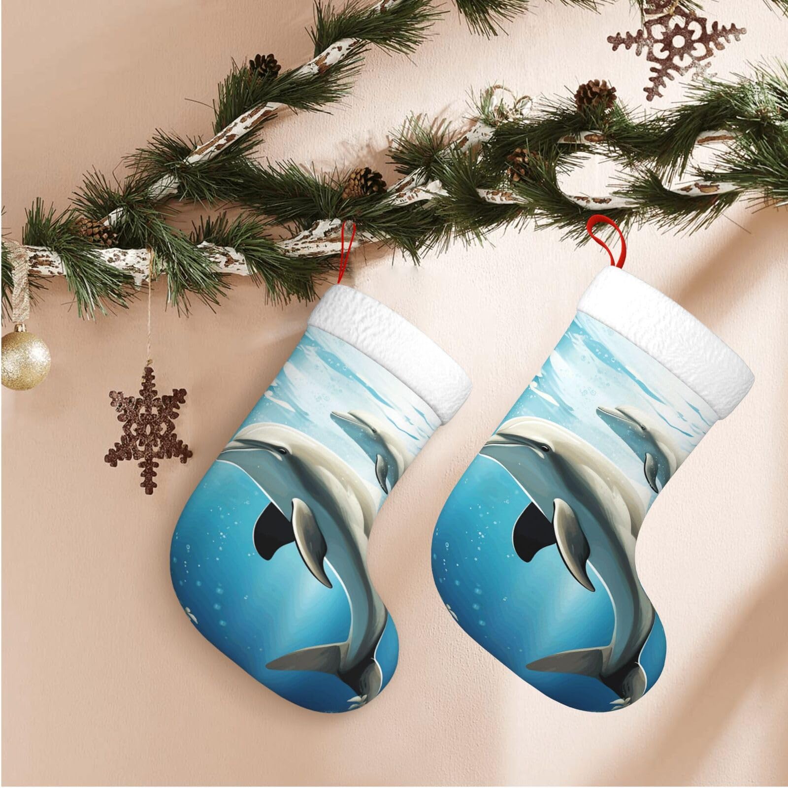 Kiss Dolphin Tale Christmas Stockings Velvet Xmas Fireplace Hanging Stocking with Plush Cuff Rustic Christmas Santa Stockings for Home Christmas Decorations Party Favor Supplies