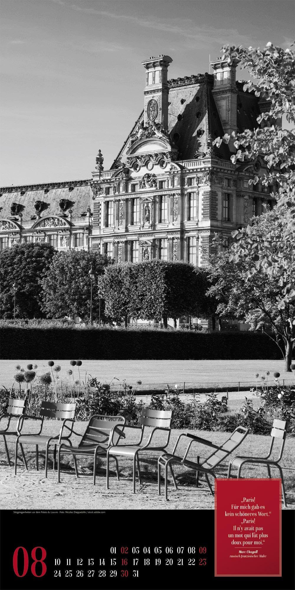 Paris, je t’aime Literatur-Kalender 2026 | Geschmackvoller Städtekalender im schlanken Hochformat (33x66 cm) | Fotos in Schwarz-Weiß mit Zitaten