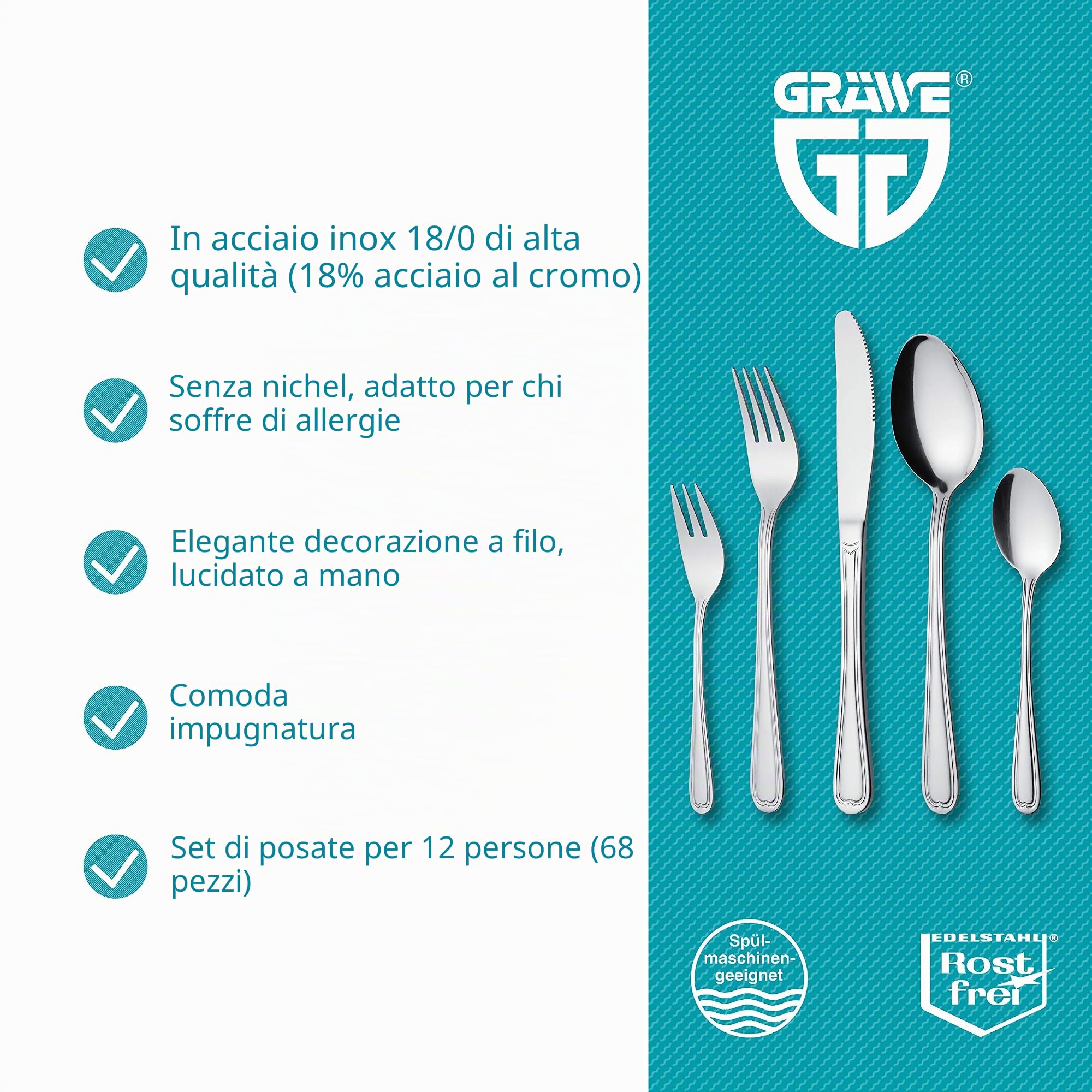 GRÄWE - Set di posate per 12 persone, 68 pezzi, in acciaio inox, senza nichel, antiruggine, lucidate a mano, lavabili in lavastoviglie