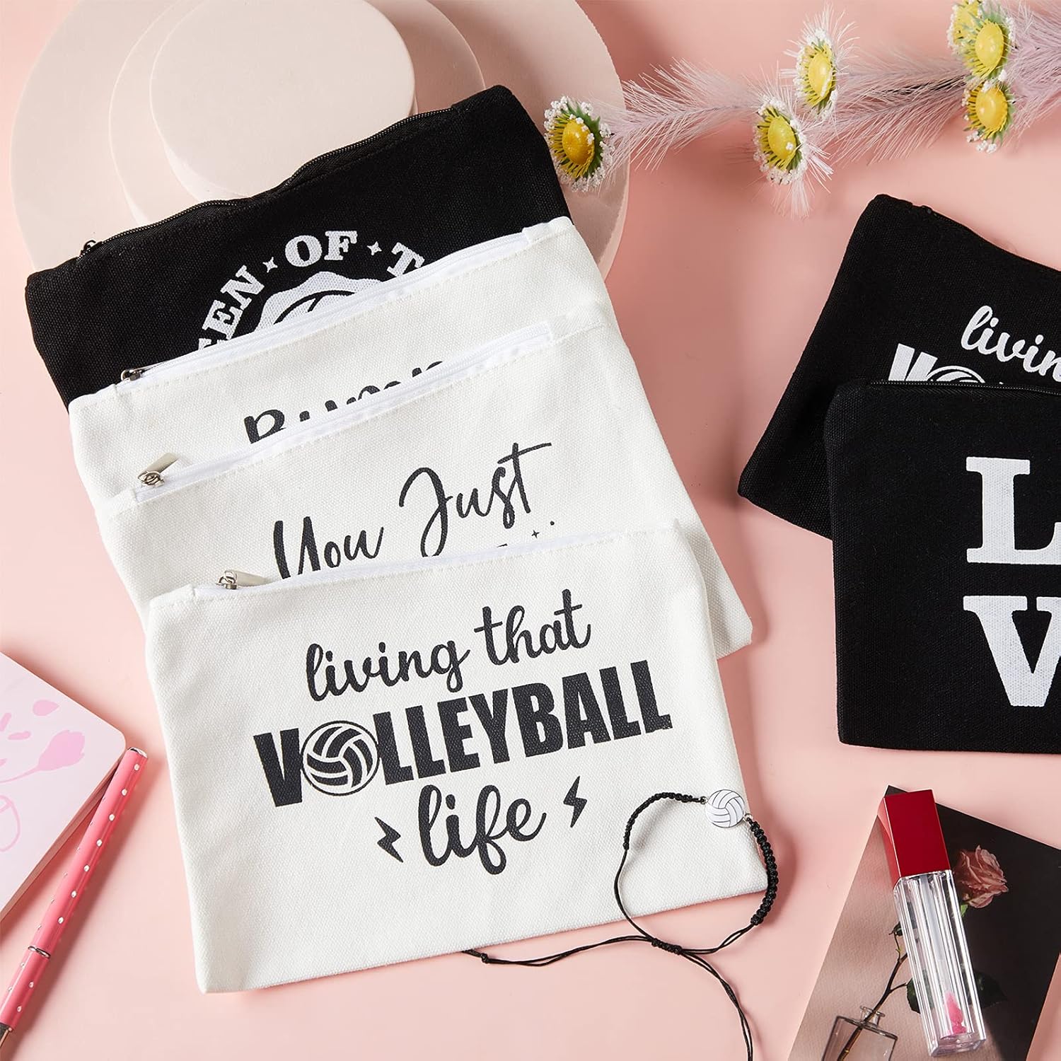 Weewooday 12 Pieces Volleyball Makeup Bags Gift Canvas Cosmetic Bags with Words Volleyball Portable Storage Case Travel Make up Pouches with Zipper for Women, 2 Colors - Image 5