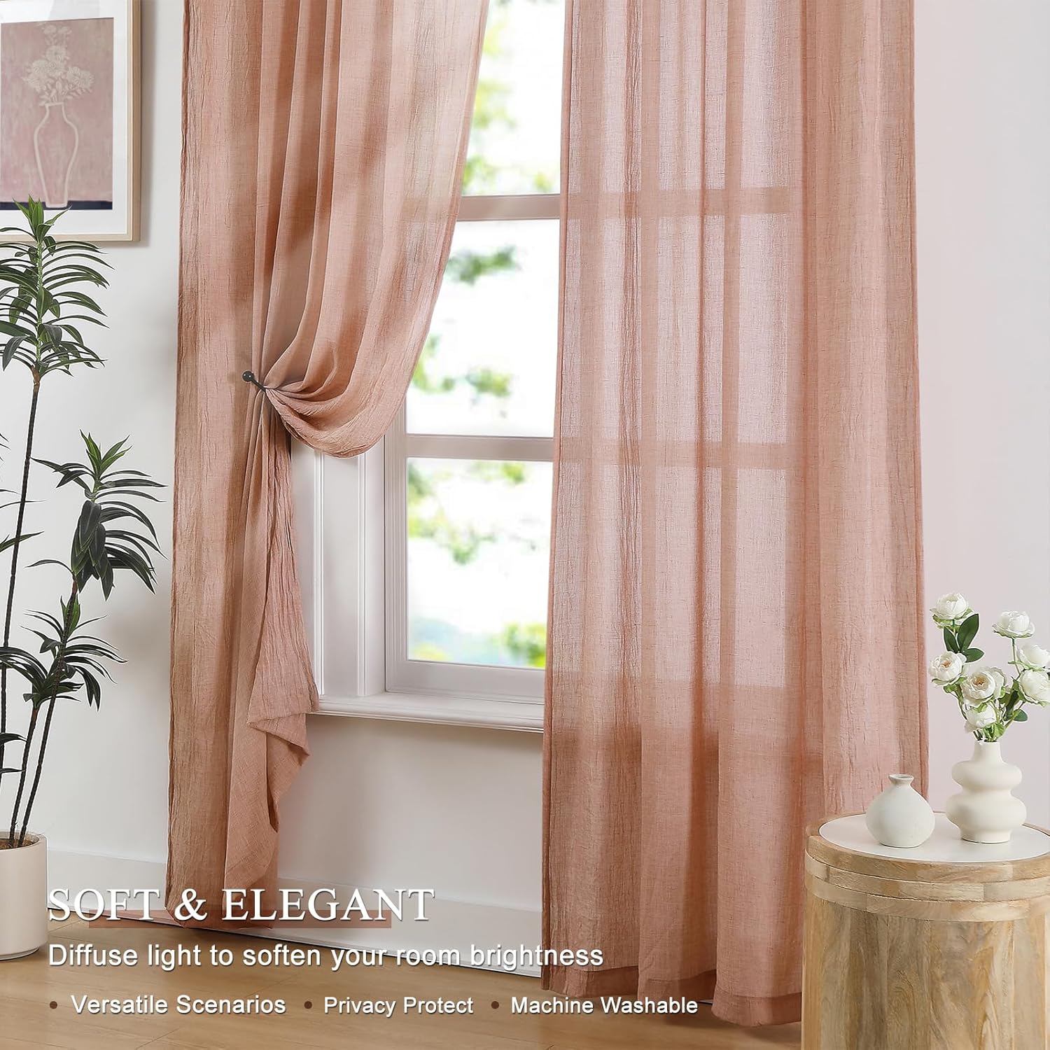 Melodieux Blush Pink Cotton Sheer Curtains 84 Inches Long, Bedroom Living Room Natural Light Filtering Crepe Voile Drapes Rustic Crinkle Linen Sheer Curtains Rod Pocket, 52" W x 84" L, 2 Panels