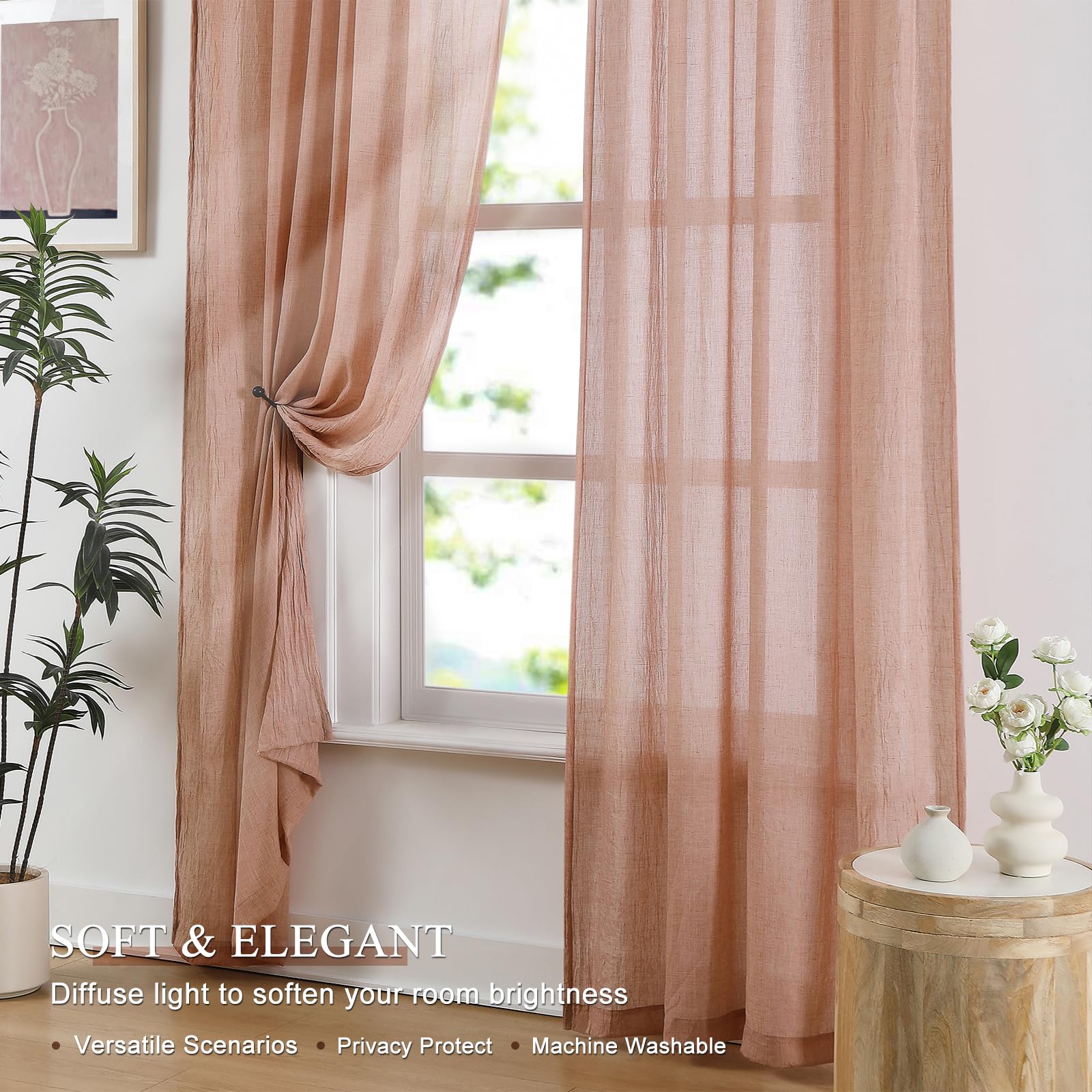 Melodieux Lot de 2 voilages Rose pâle de 160 cm de Long pour Chambre à Coucher, Rideaux élégants en Coton froissé et Lin froissé avec Passe-Tringle pour Salon, 132 x 160 cm (l x L), Rose pâle