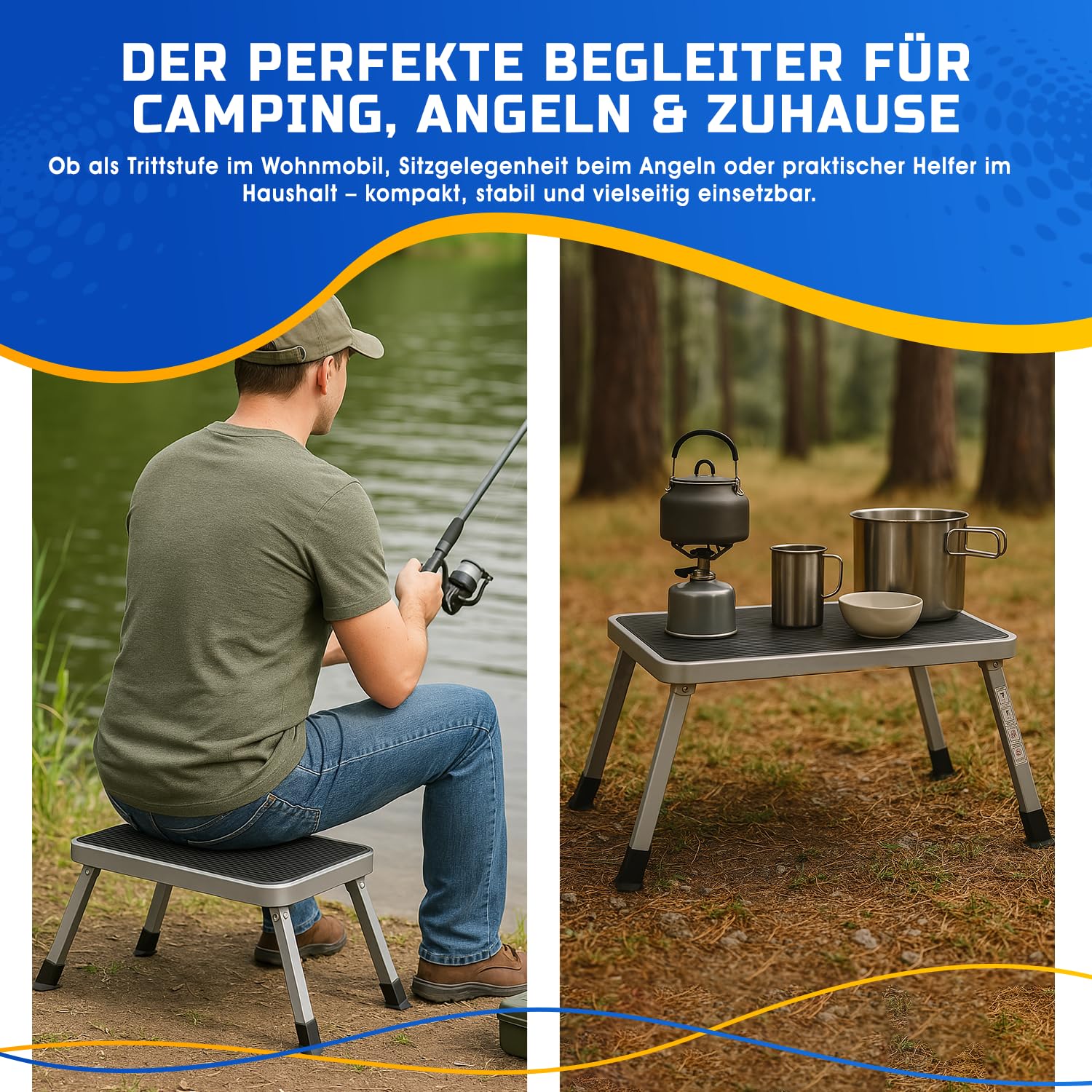 Pedana pieghevole per roulotte – Sgabello in acciaio fino a 150 kg – Pedana pieghevole antiscivolo da campeggio con piedini in gomma – Scaletta per camper, caravan, cucina – Certificazione EN14183