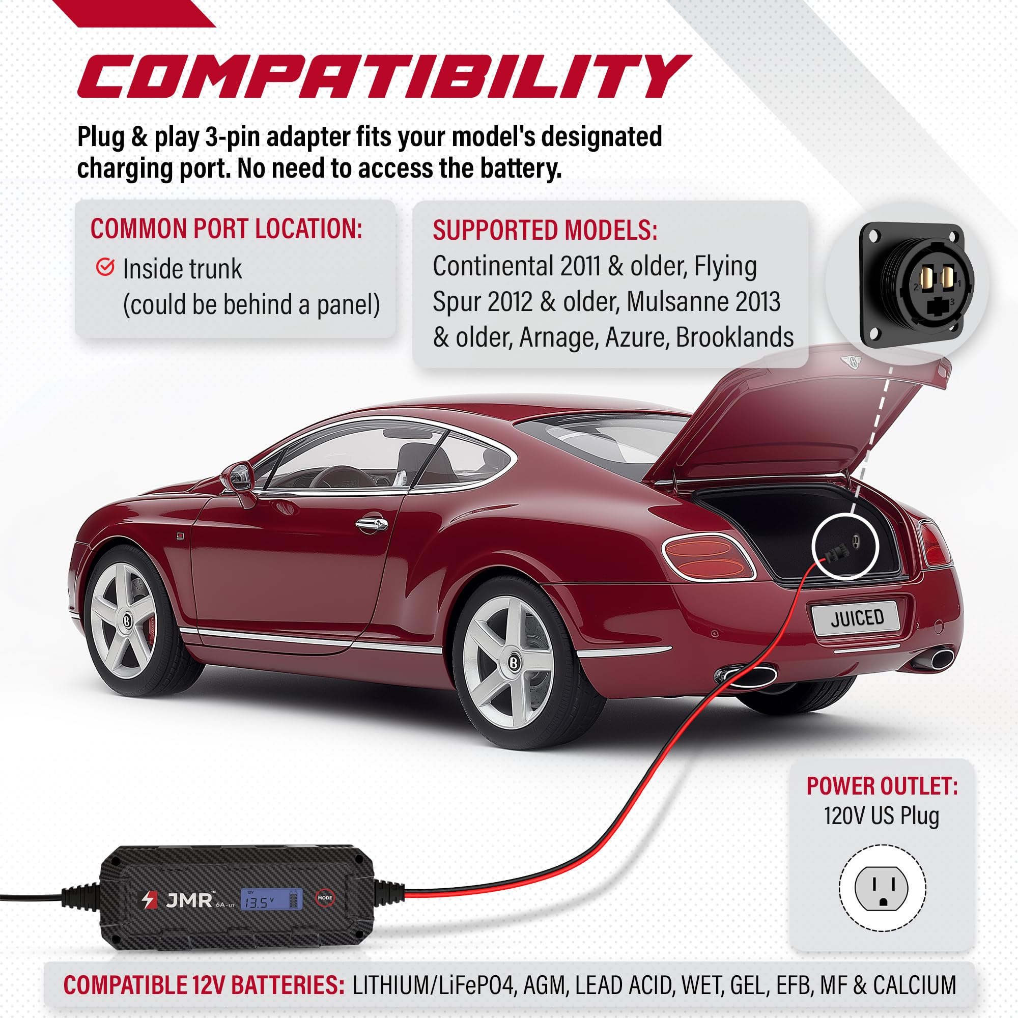 Amazon.com: JMR 12V Battery Charger for Bentley, 3-Pin Port, Add