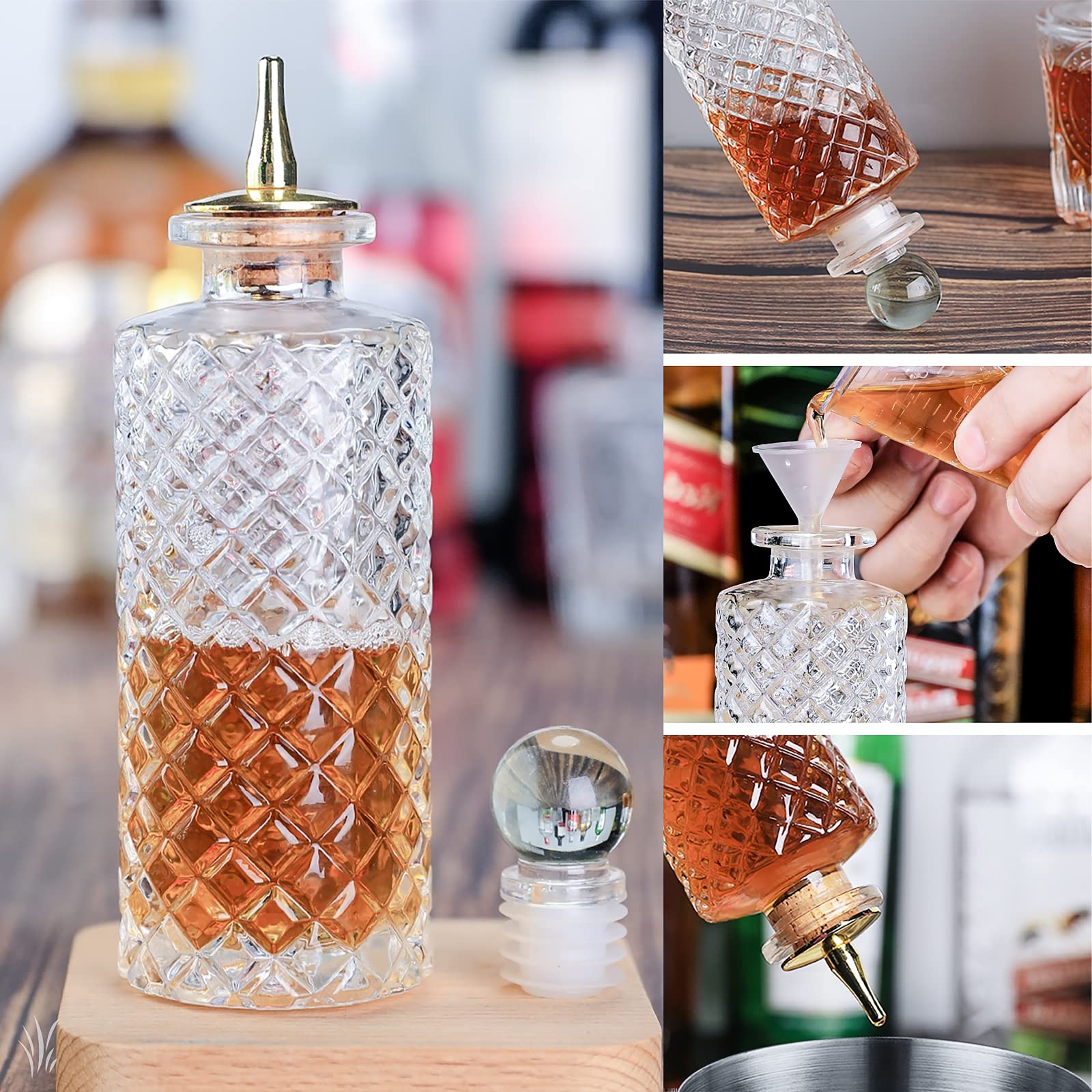 Bitters Bottle Set of 6 Glass Bitters Bottle,with Zinc Alloy Dash Top