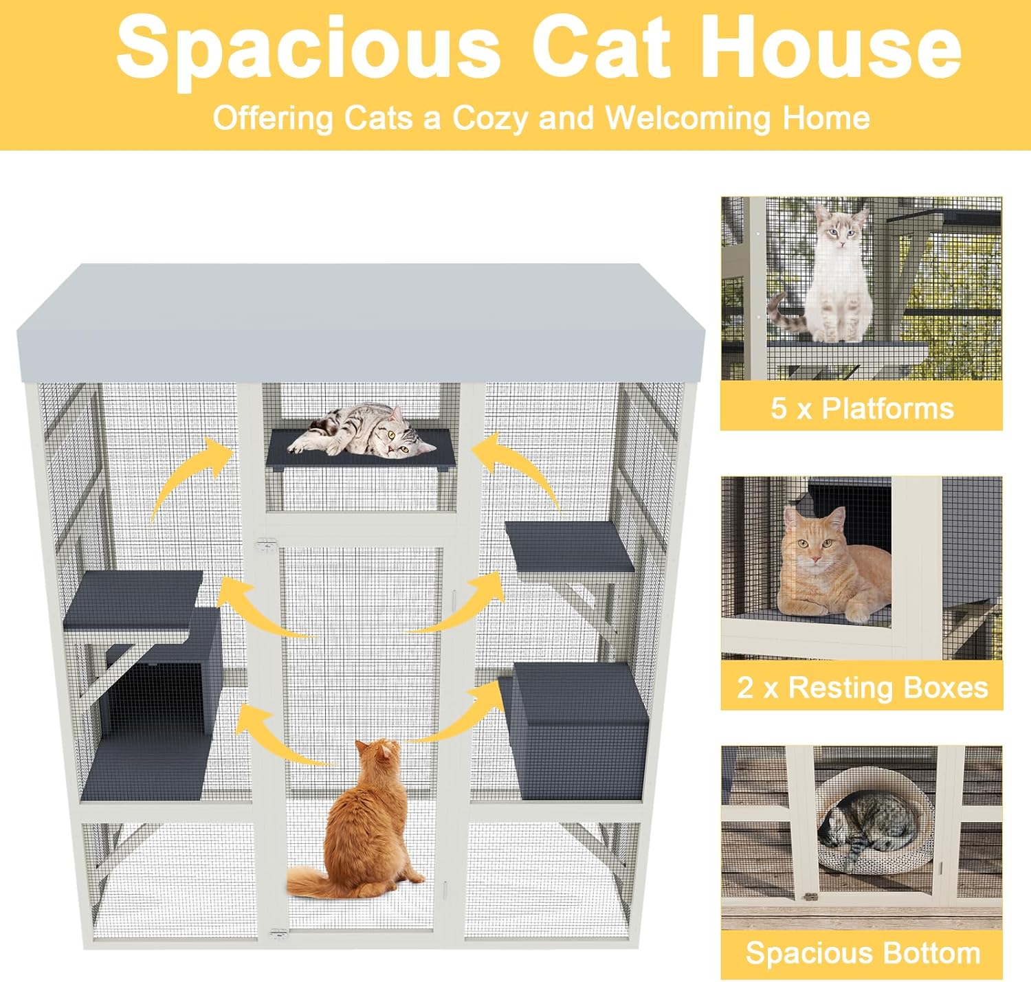 Yafylly Catio Outdoor Cat Enclosure, Cat Condo for Patio, Wooden Cats Cage, Outside Cats House Weatherproof, Cat Condo Outdoor, Large Cats House with 5 Platforms and 2 Resting Box, 71 Inch