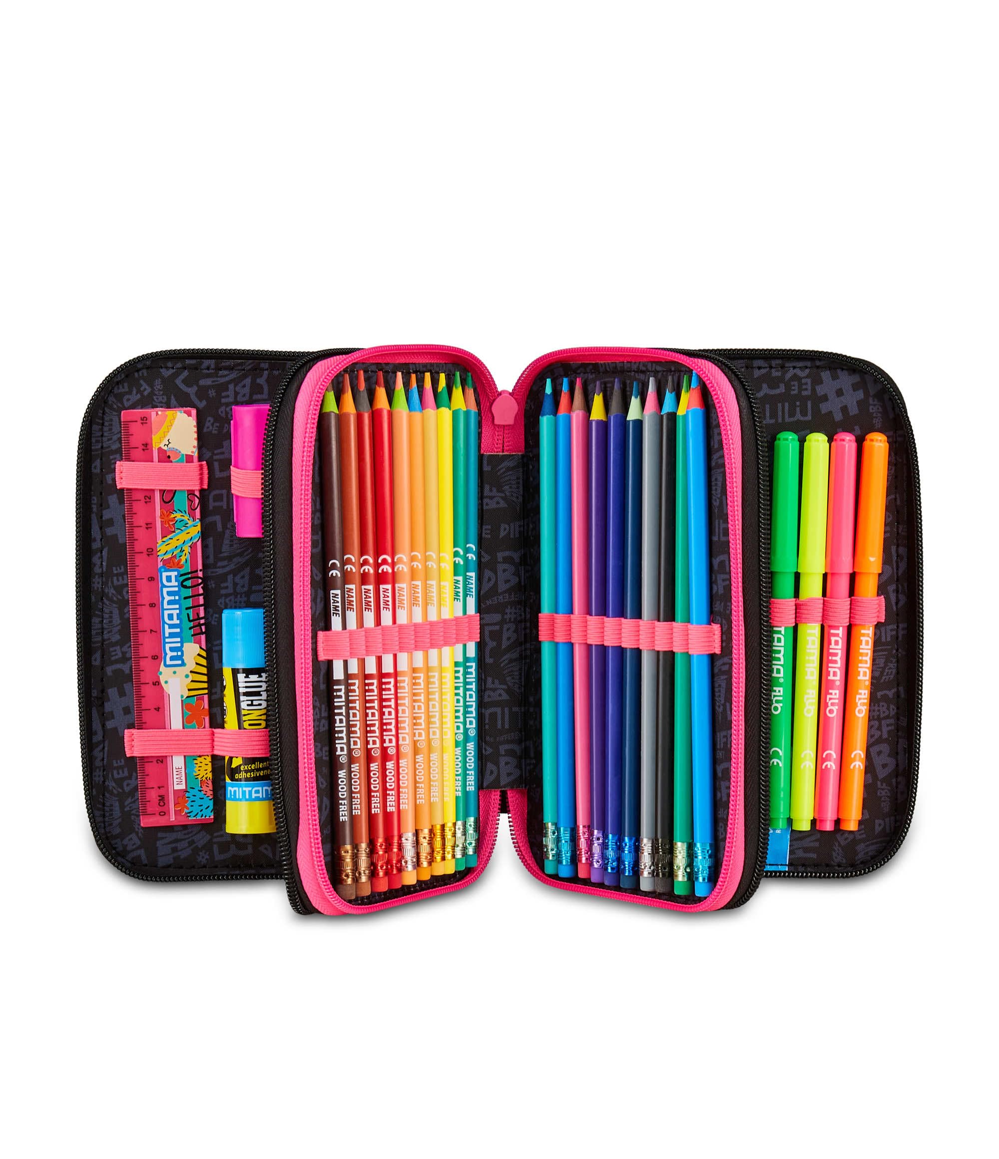 Mitama Estuche Escolar con 3 Compartimentos, Super Triple Music Pop - Contenido 47 Piezas, con lápices, rotuladores, portalápices para Escuela Primaria para niña