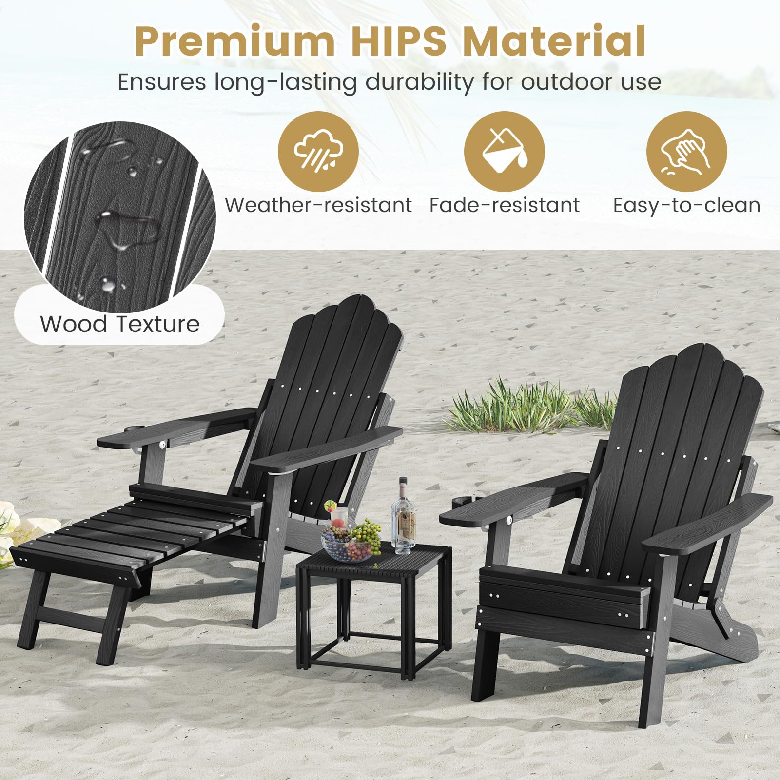 GOPLUS Silla Adirondack Ajustable, Tumbona Plegable de 4 Posiciones con Escabel Retráctil, Silla de Hips para Todo Clima con Portavasos, Tumbona Jardín Exterior de Listones para Terraza Piscina Patio