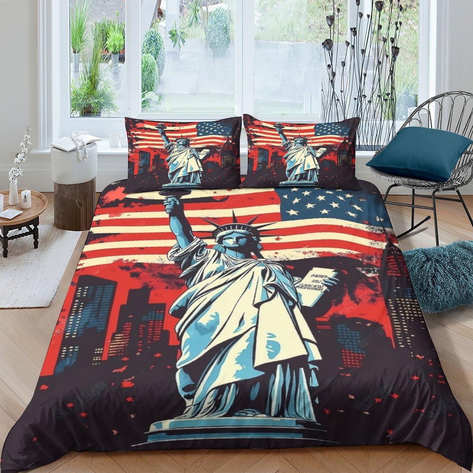 Ctjqhvkz Style-2 3D Printed Statue Of Liberty Fitted Sheet Microfiber Soft Breathable American Flag Bed Cover For Bedroom Dorm Mattress Decor Single（135X200cm）