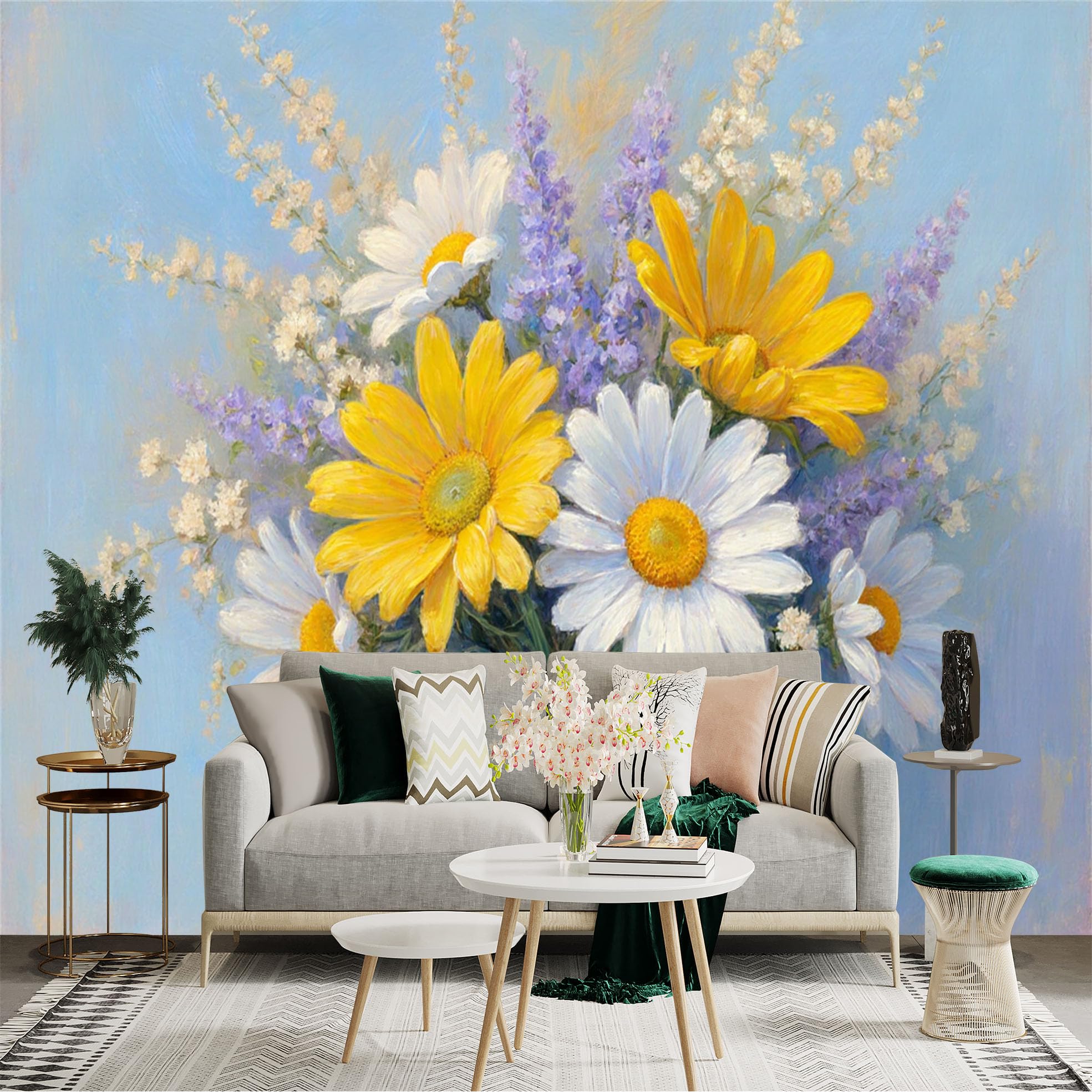Custom Size Wall Sticker Mural， Impressionist Bouquet of Wildflowers， White and Yellow Daisies， Soft Blue Background， for wall Decoration， peelandstick wall Decals.