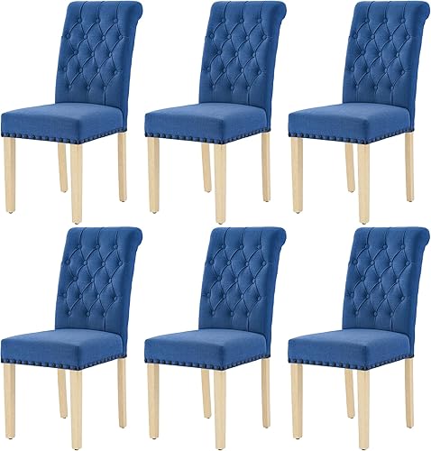 Miniatura 44 de LOULENS Juego de 2 sillas de comedor de tela, modernas sillas Parson tapizadas de lino con ribete de cabezas de clavos, botones acolchados, patas de