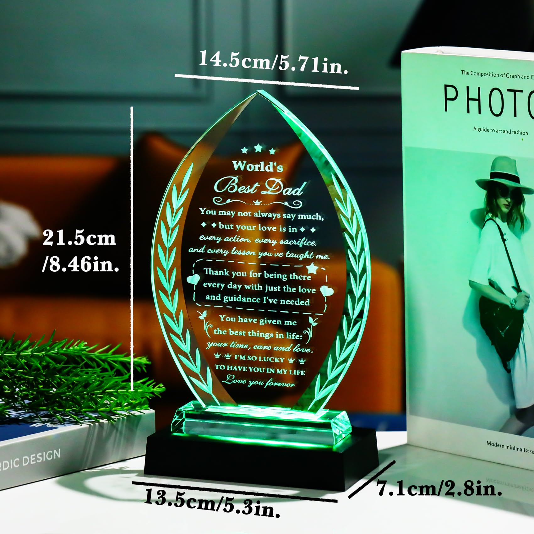 YWHL Regalo di compleanno per papà da figlia figlio con base luminosa, regalo per la festa del papà, incisione laser per papà ricordo di cristallo per Natale