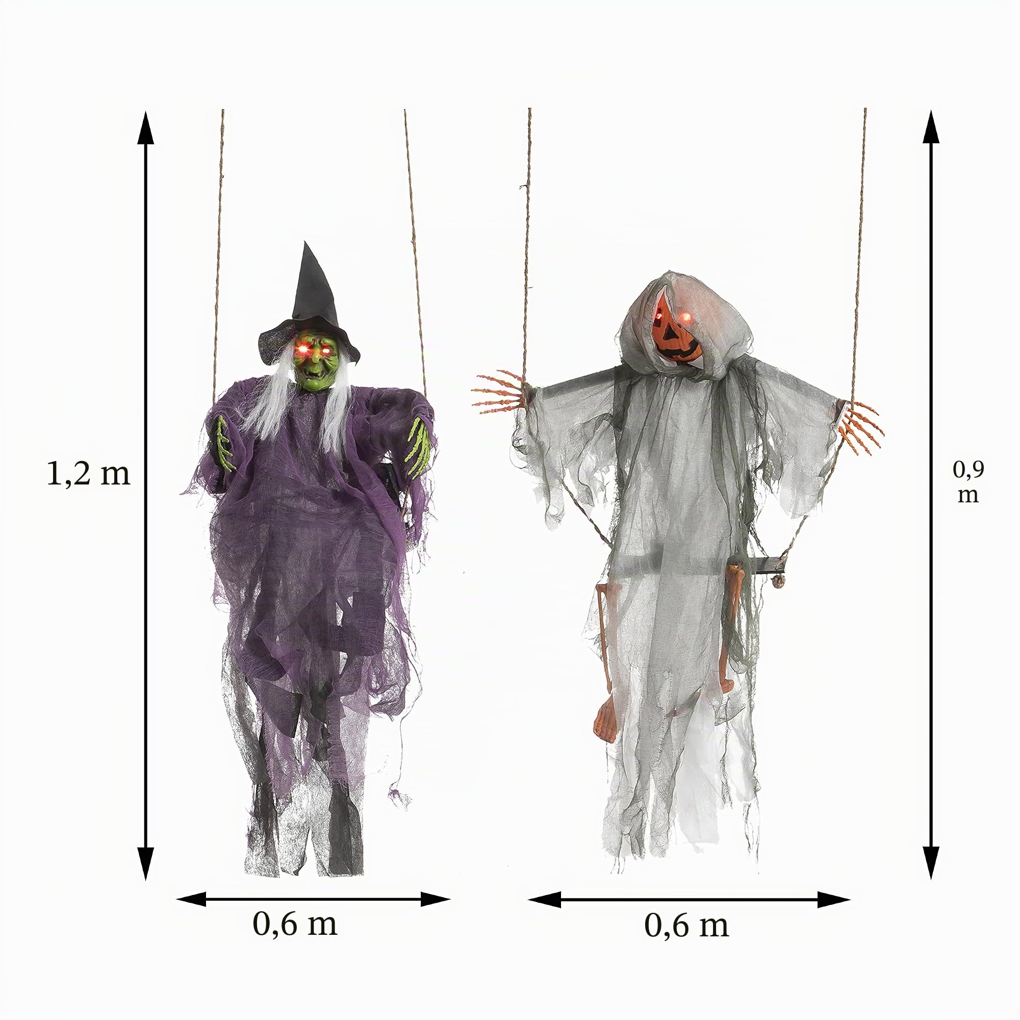 JOYIN 2 Packungen leuchtende Halloween-Geister zum Aufhängen mit beleuchteten Augen, 91 cm schwingendes Kürbisgesicht, Geist und 122 cm Hexengeist für Hof, Terrasse, Rasen, Garten, Party-Dekoration