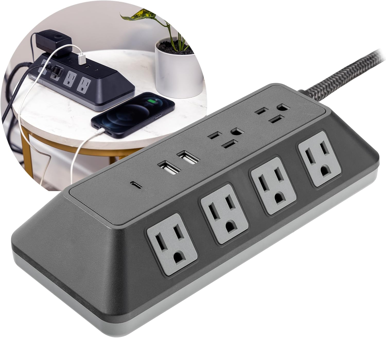 GE UltraPro 10-Outlet Surge Protector with USB, 2 USB-A, 1 USB-C, 4 Ft Braided Extension Cord, Multi Plug Outlet Extender, Adapter Spaced, Flat Plug, 3540 Joules, Charging Station, Black, 81785