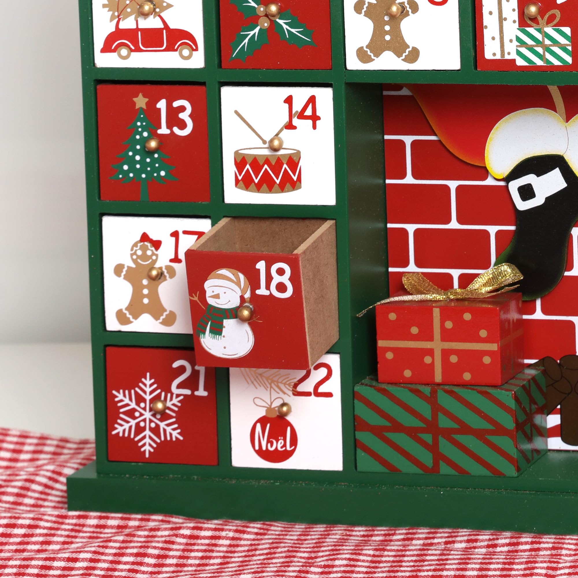 PE Weihnachten Adventskalender Holz zum Befüllen Groß mit 24 Schubladen - Handgefertigter Weihnachtskalender mit Santa - Weihnachtsdeko, 39,3 x 6,5 x 41,1 cm
