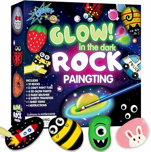 Rock Painting Kit for Kids Ages 6-12, Glow in The Dark Rock Paint, Arts and Crafts Birthday Party Gifts for Boys Girls 6 7 8 9 10 12 Year Old, Creative Craft Activity Kits, Art & Crafts Supplies Toys