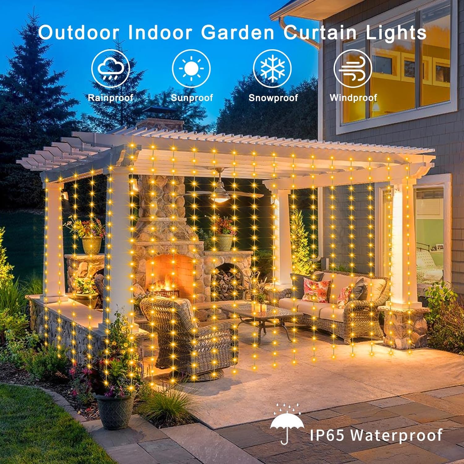 DBFAIRY Solar Curtain Lights 2.4M x 1.8M 144 LED Curtain Lights Outdoor Waterproof with Timer 8 Modes for Garden Patio Fence Gazebo Decor (Warm White) - Image 3