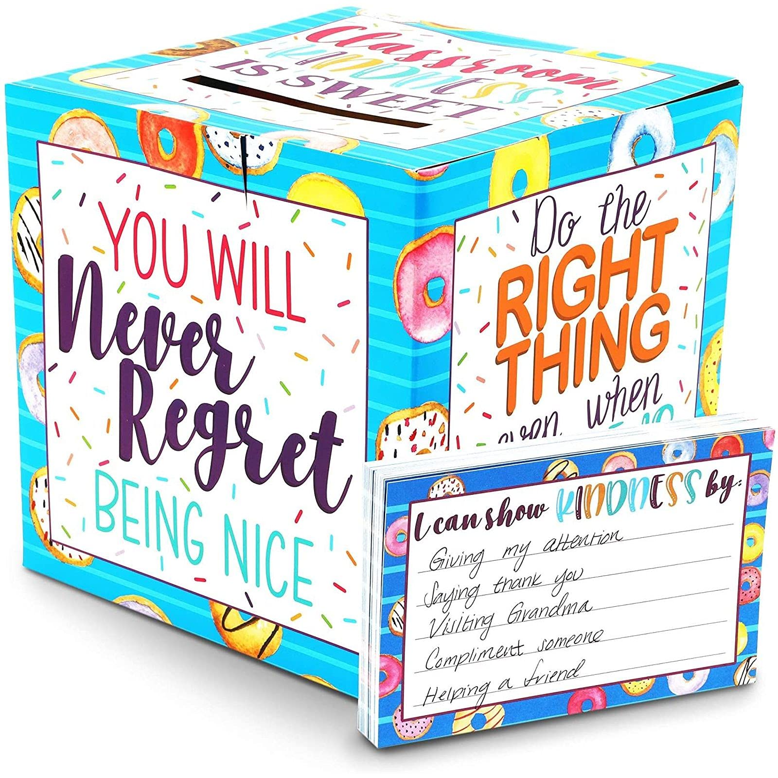 BLUE PANDA Classroom Kindness Cards and Ballot Box for Elementary Students (8x8 in, 50 Cards)