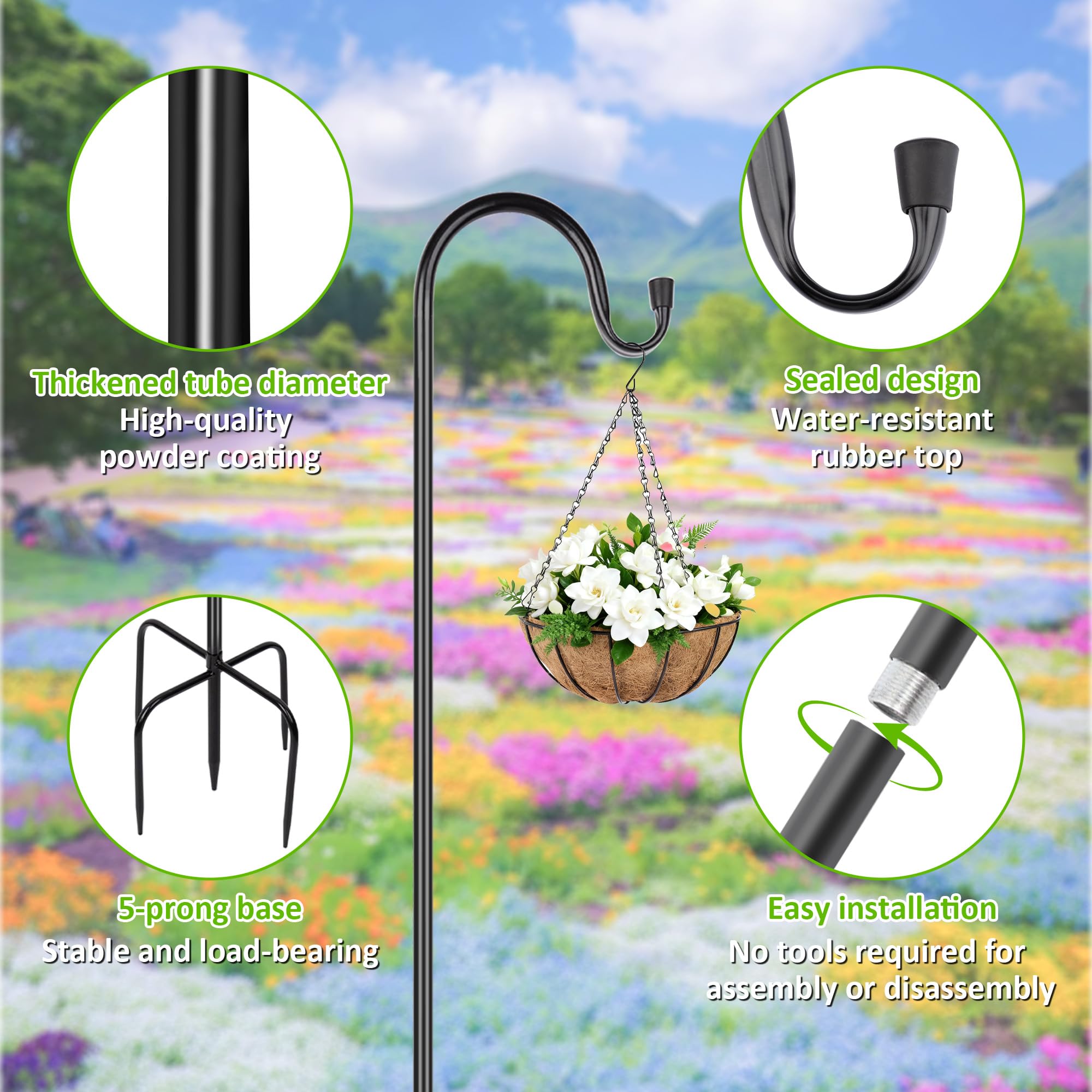 2 ganci da pastore da 124 cm, palo da giardino resistente con base a 5 punte, gancio da pastore, palo per mangiatoia per uccelli da giardino, palo in metallo per esterni, portata 3 kg, per lanterne