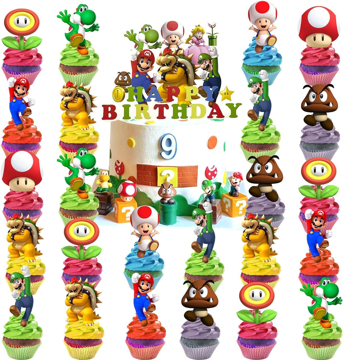 Geburtstag Tortendeko 25 mario Stück Cupcake Toppers Kindergeburtstag Deko, Cupcake Toppers Kuchen Deko für Junge Mädchen Kinder Geburtstag Party Dekorationen