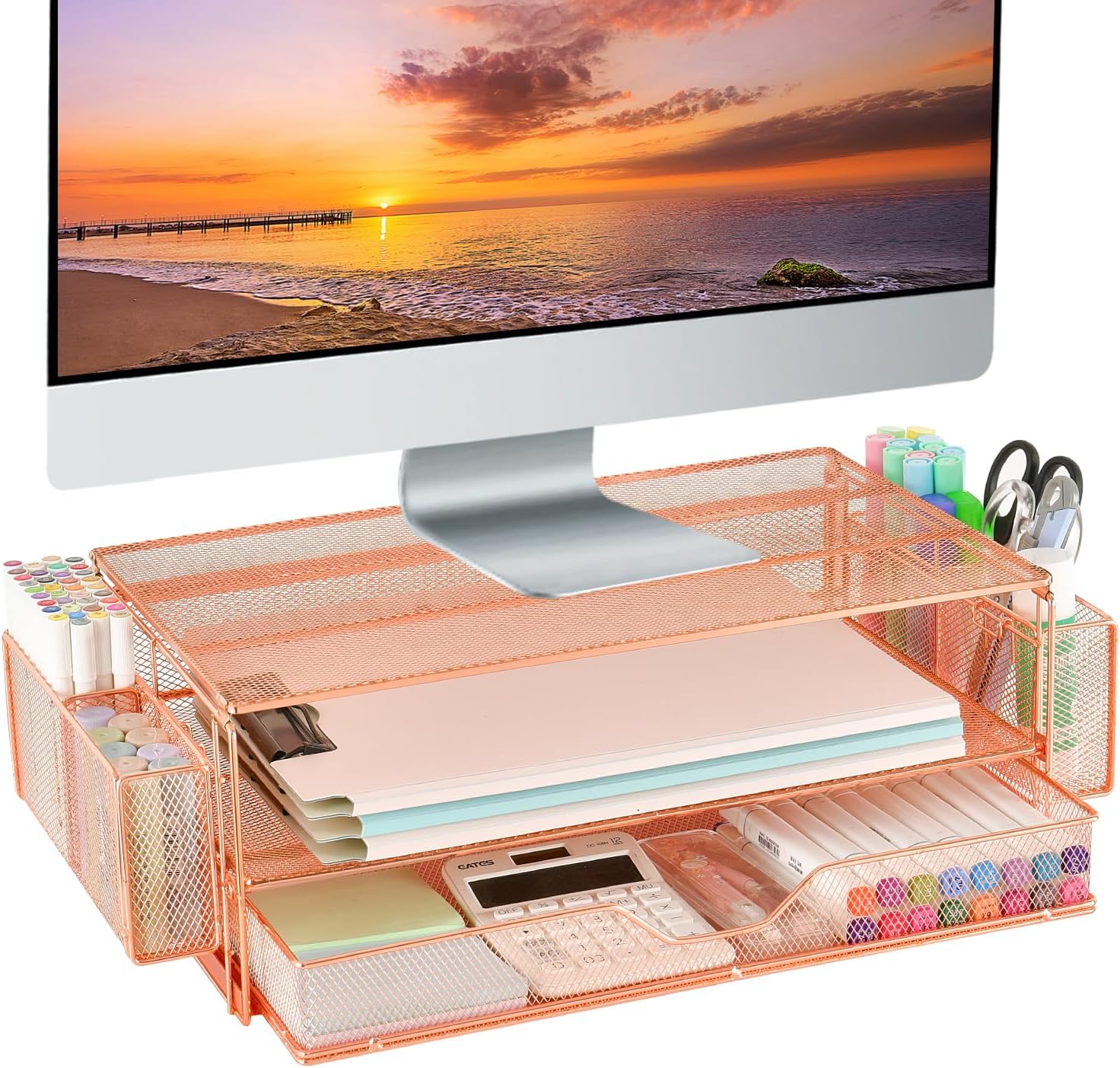 AUPSEN 2 Tier Computer Monitor Stands with Drawers and 2 Pen Holder, Desk Accessories & Workspace Desk Organizers, Desktop Organizer for Computer, Laptop, Printer, Office Supplies(Rose Gold)