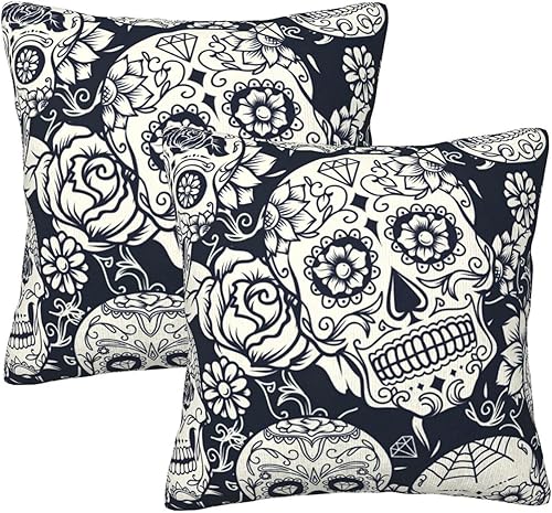Oplp Juego de 2 fundas de almohada cuadradas con diseño de calavera de azúcar y flores para el hogar, dormitorio, sofá, silla, 18 x 18 pulgadas
