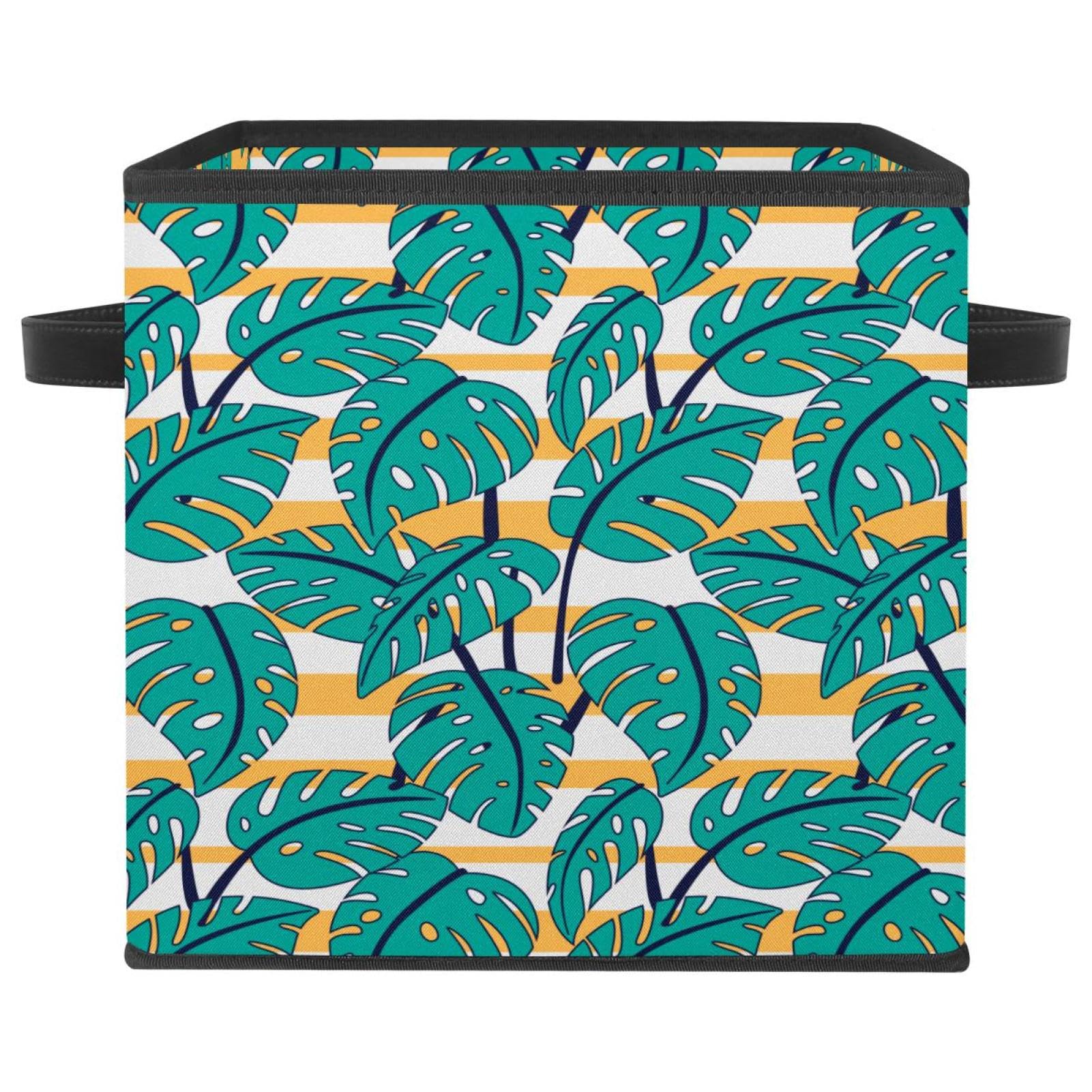 Boîte de rangement pliable motif monstera orange et blanc en tissu cube