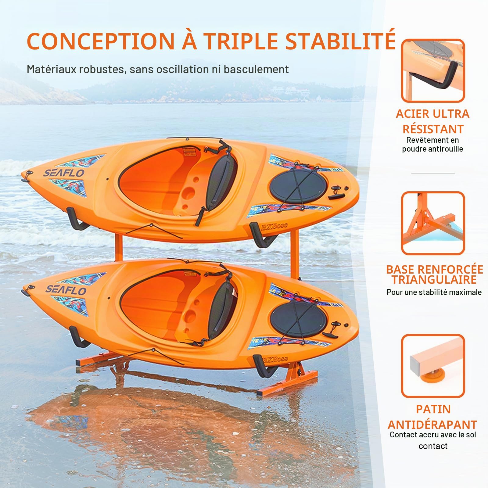 VEVOR Support pour Kayak Autoportant, Porte-kayak Capacité 2PCs Canoë Paddle SUP, Rack pour Planche à Pagaie en Acier Robuste avec Bras Rembourrés Largeur Réglable, Charge 79 kg, pour Rangement Surf