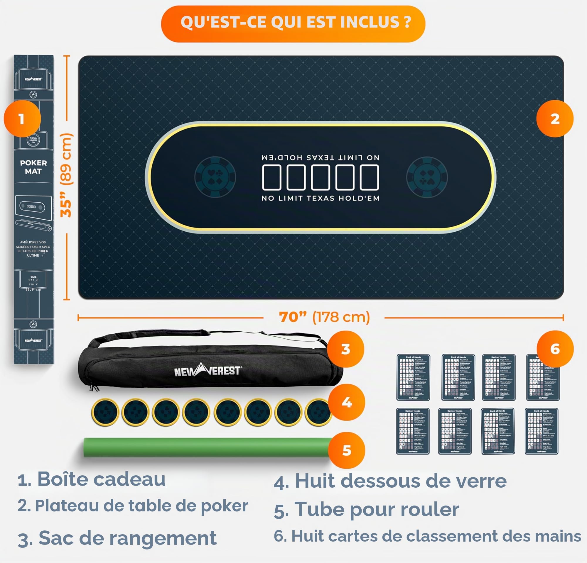 Newverest Tapis de Poker Texas Hold’em 180 × 90 cm – Tapis de Table de Casino pour Jusqu’à 10 Joueurs, soirées Jeux à la Maison | Tapis de Poker avec Housse Zippée, 8 sous-Verres, Coffret Cadeau