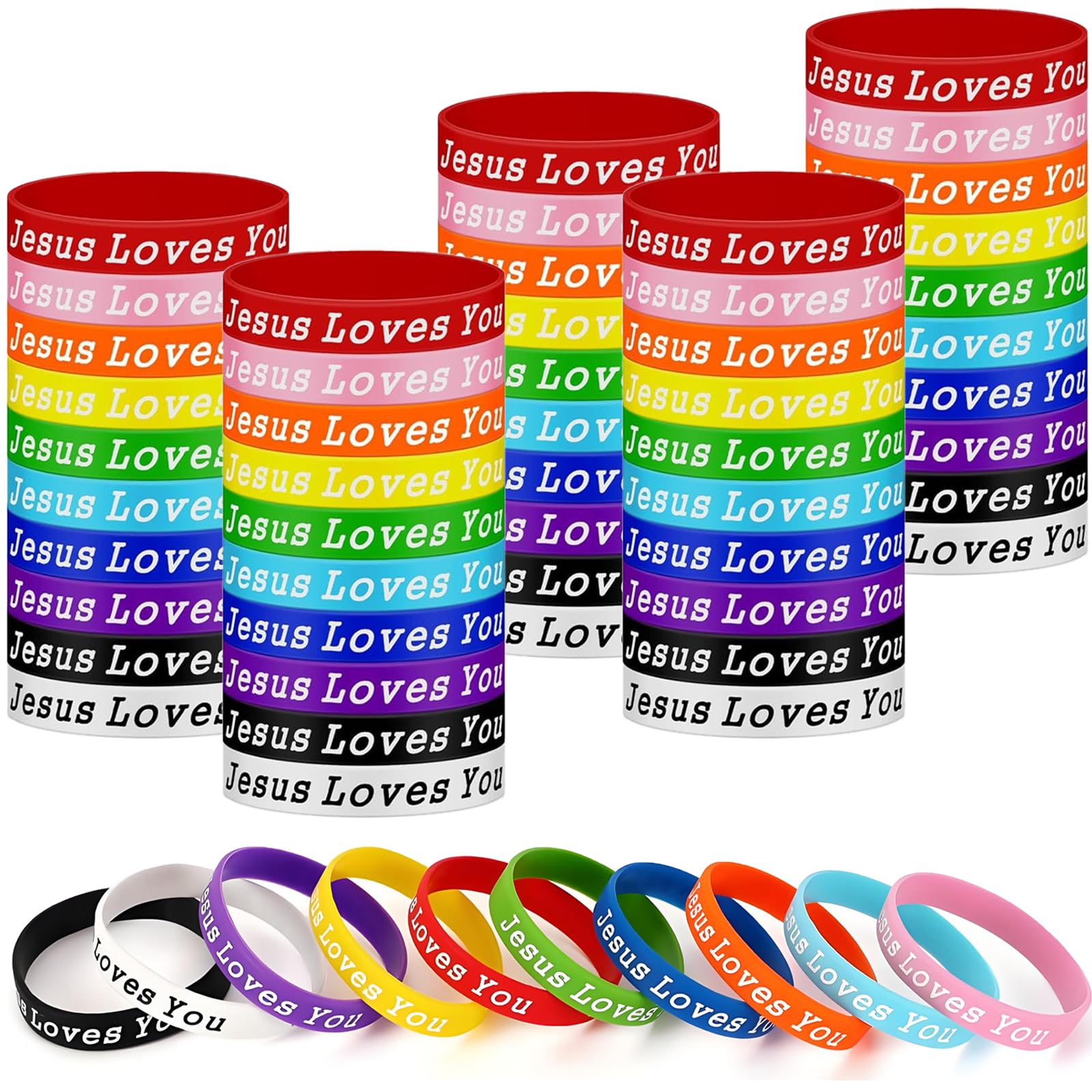 60 Pcs Jesus Loves You Silicone Bracelet, Colorful Christian Wristbands, Rubber Jesus Bracelet,Christian Bracelets Bulk, Bible Verse Bracelets and Scripture Wristbands for Religious Party Favors