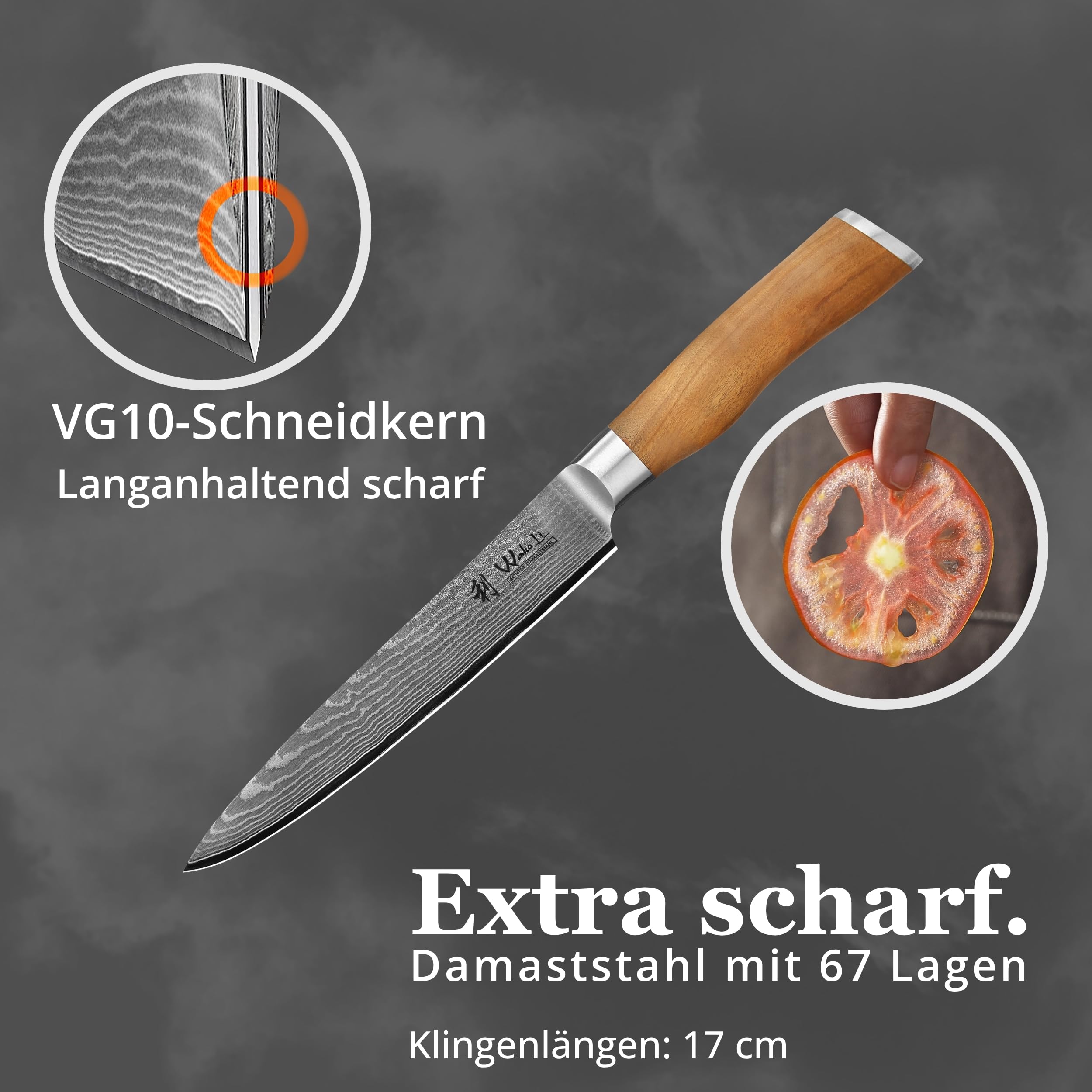 Wakoli Olive Tranchiermesser mit 17 cm Klinge aus 67 Lagen Damaststahl mit VG10 Kern, Fleischmesser mit Olivenholzgriff, Damastmesser in Geschenkbox für Fleisch und feine Schnitte
