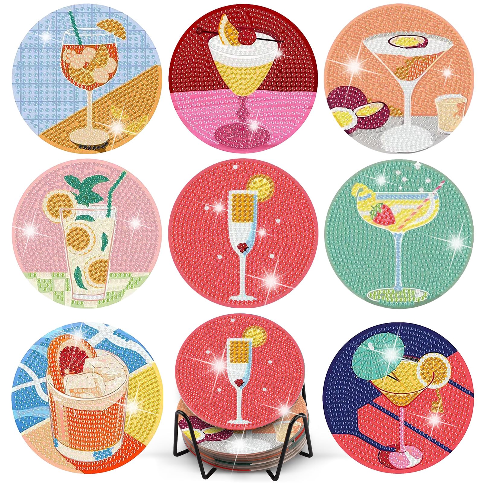 TLIOBLO Cocktail Diamond Painting Coasters with Holder, DIY Diamond Art Coasters Beverage Cup for Adults, Drink Coasters with Cork Backing for Table Protection Decoration