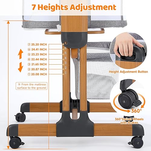 Miniatura 9 de Ezebaby Cuna de bebé 3 en 1, cuna mecedora para bebé, cuna portátil ajustable para recién nacido, cesta de almacenamiento con ruedas y laterales de