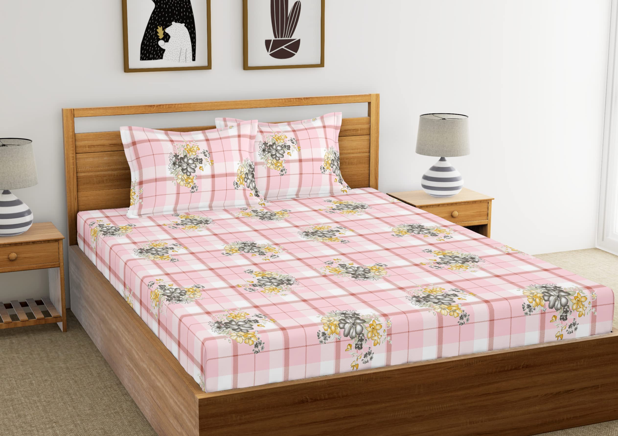 B@B Doublebed Queen Size 220 TC Pure Cotton Bedsheet with 2 Pillow Covers ChecksFlower (Peach)
