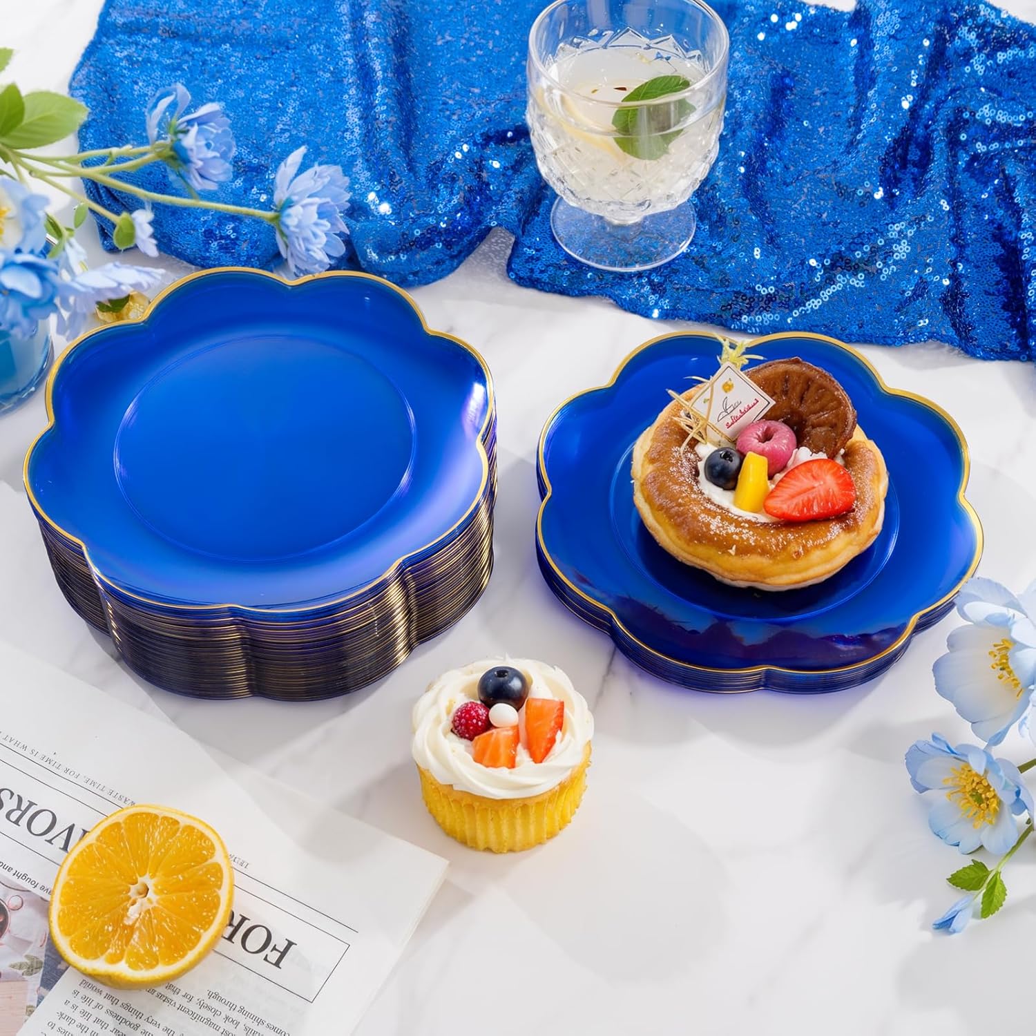 LIYH 120 Pcs Clear Blue Dessert Plates 7.5 Inch Cake Plates Disposable Heavy Duty Gold Rim Blue Plastic Plate for Party Wedding Bridal Showers Decor - Image 8