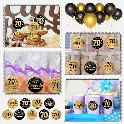 Miniatura 7 de Tenare 504 calcomanías negras y doradas para fiesta de cumpleaños, calcomanías de "Cheers to Lab", mini envoltorios de dulces de chocolate para