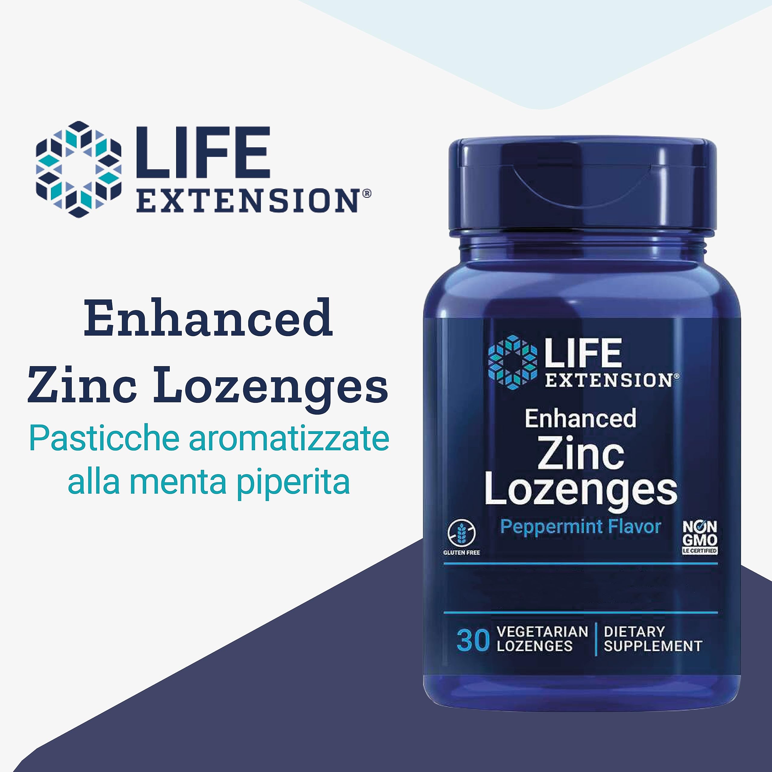 Life Extension, Enhanced Zinc Lozenges (Pasticche di Zinco), al Gusto di Menta Piperita, 30 Pastiglie vegane, Testate in Laboratorio, Senza Glutine, Vegetariane, Senza Soia, Non OGM