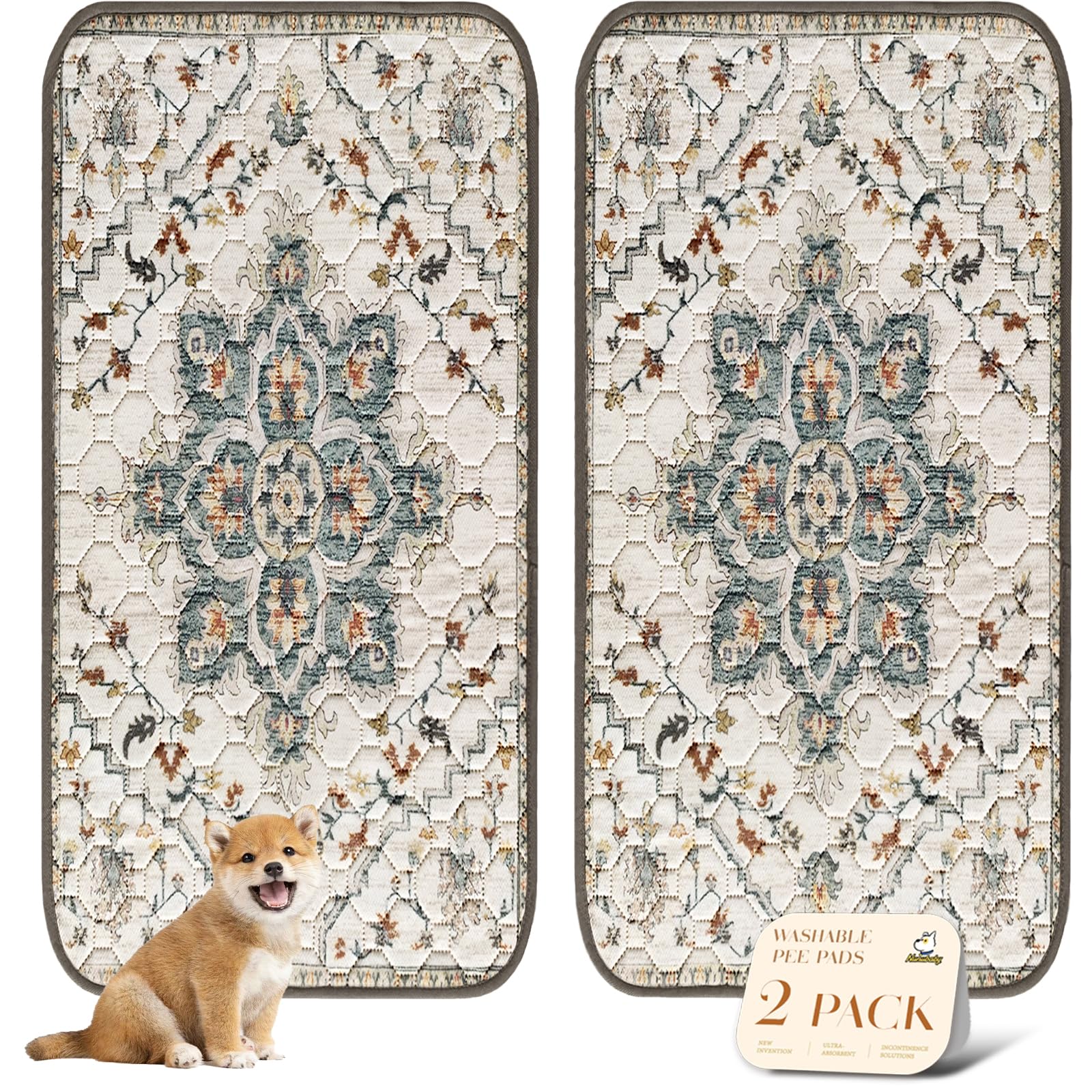 nunubaby Washable Pee Pads for Dogs, Stylish, Non-Slip and Leak-Proof Pee Pads. Reusable Potty Pads for Dogs for Crates and Floors.(Beige/Floral, 36" x72" )