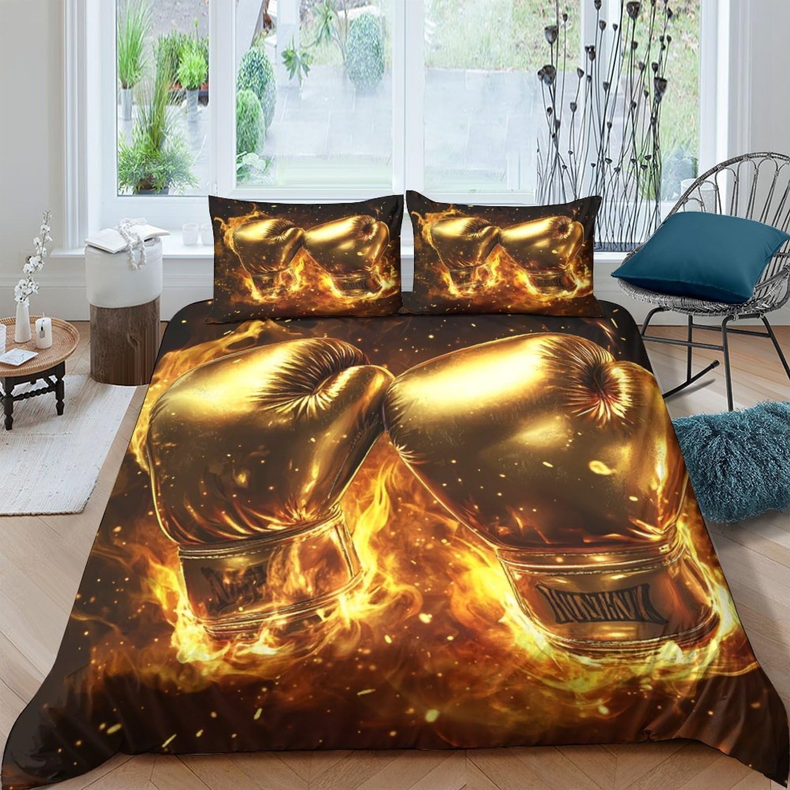 Ctjqhvkz Style-10 3D Printed Gold Boxing Gloves Fitted Sheet Microfiber Soft Durable Fire Bed Cover For Bedroom Guestroom Decor Single（135X200cm）
