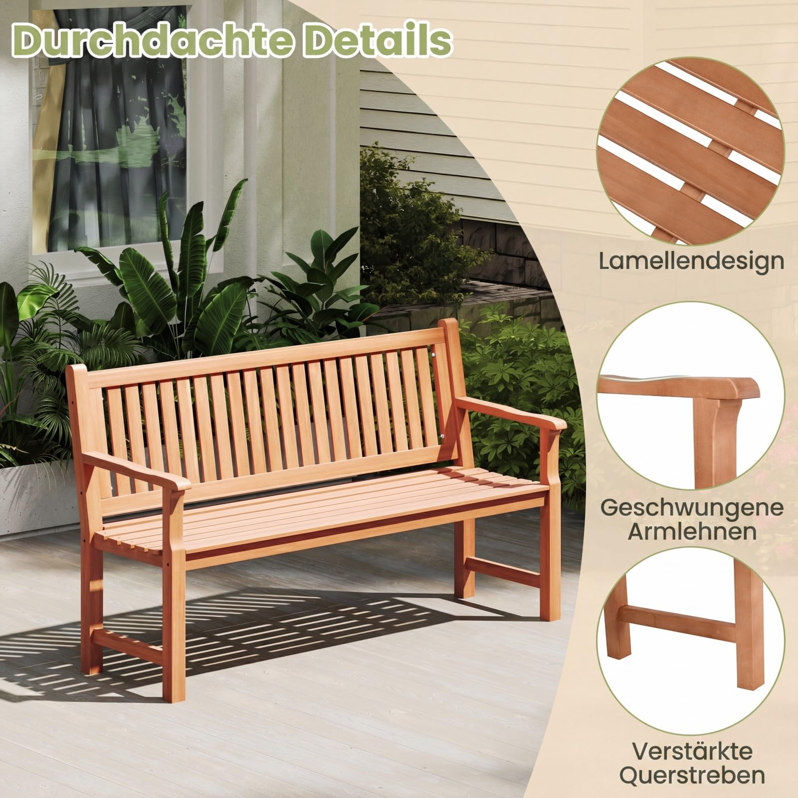 COSTWAY Gartenbank Holz, 3-Sitzer Holzbank wetterfest, Sitzbank, Balkonbank mit Armlehnen, Terrassenbank, Parkbank für Garten, Balkon, Terrasse, 150 x 53,5 x 89 cm