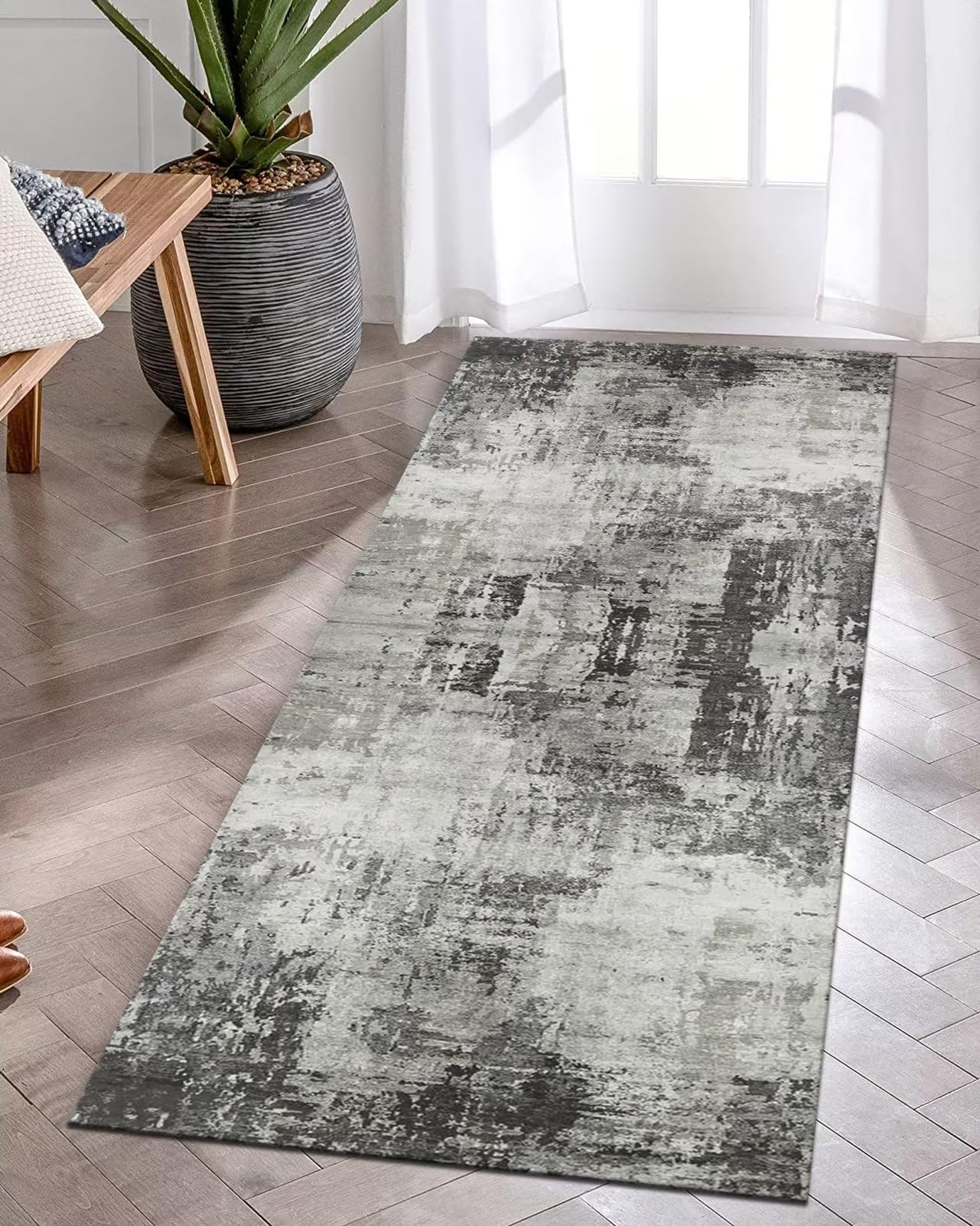 Wassly Tapis de Cuisine Devant evier Long Lavable antiderapant Tapis de Passage pour Salon Chambre Cuisine Hall d'entrée 40X250CM Moderne Traditionnel Tapis de Couloir Noir Gris foncé Polyester