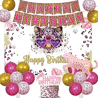 Cheetah Print Birthday Decorations Girl, Leopard Print Birthday Party Decorations with Cheetah Balloons Leopard Backdrop Happy Birthday Banner, Leopard Cake Topper Pink Leopard Foil Balloon