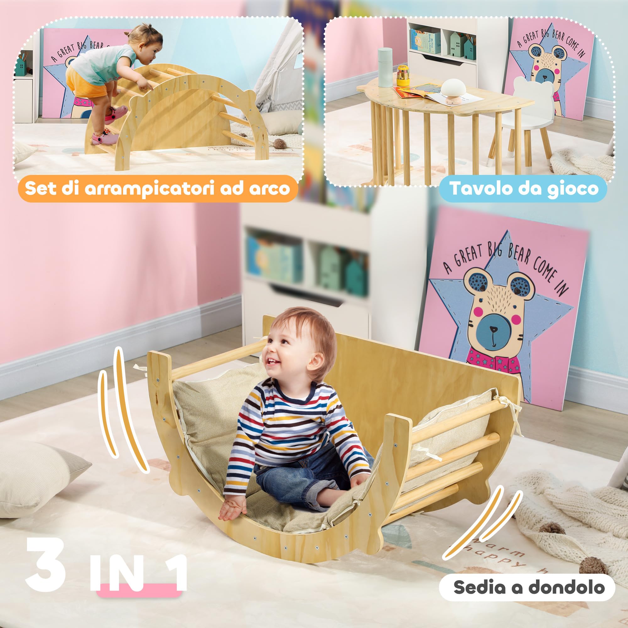 AIYAPLAY Arco Montessoriano 3 in 1 per Bambini, Struttura da Arrampicata, Tavolino e Dondolo con Cuscino, Età 18-48 Mesi, Legno Naturale