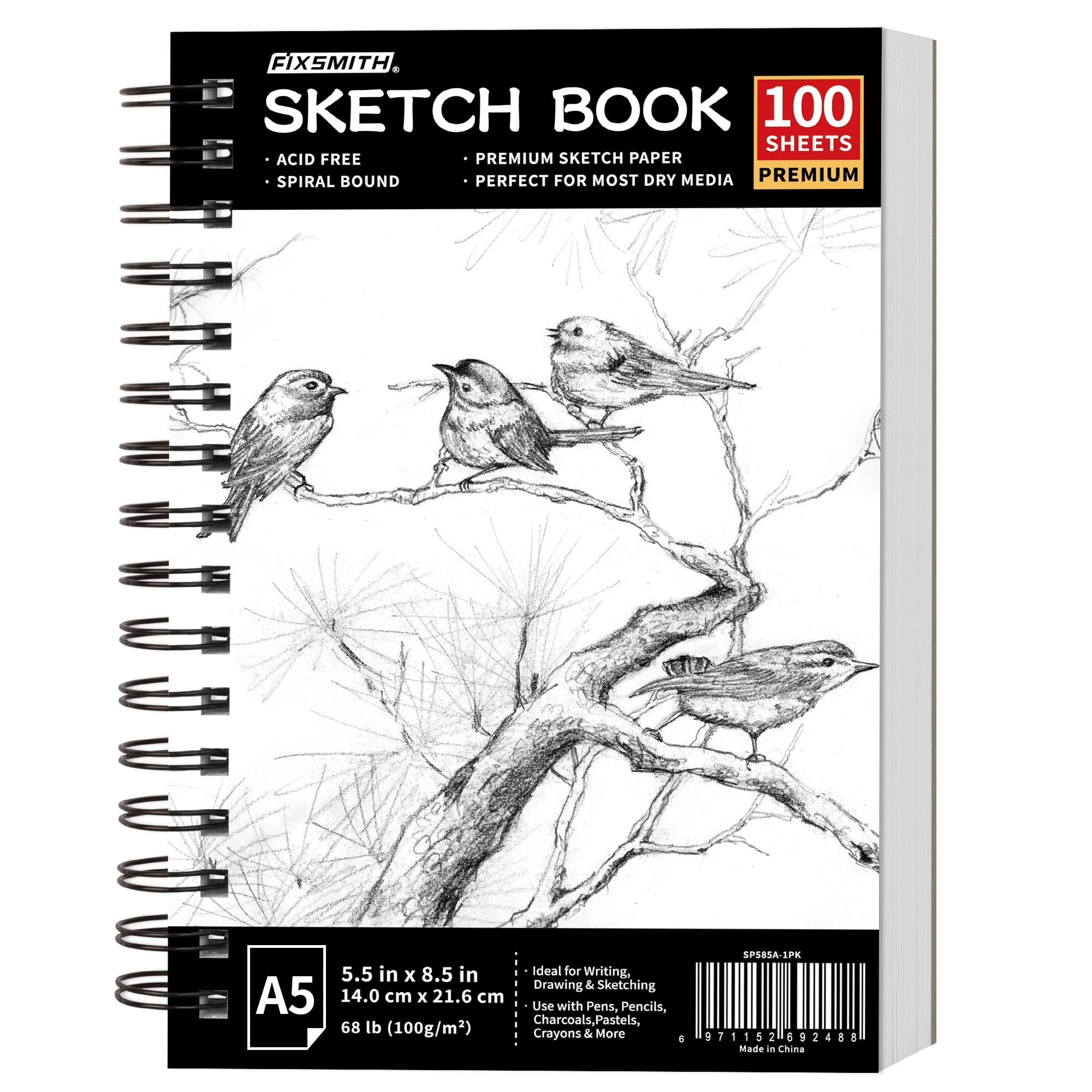 FIXSMITH 5.5"X8.5" Sketch Book | 100 Sheets (68 lb/100gsm) Sketchbook| Acid Free Drawing Paper | Spiral Bound Artist Sketch Pad | for Kids, Beginners, Artists & Professionals | Bright White