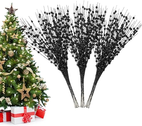 Decoración de tallos de bayas artificiales con purpurina para Navidad, palitos decorativos de cuentas, ramas brillantes para árbol de Navidad,