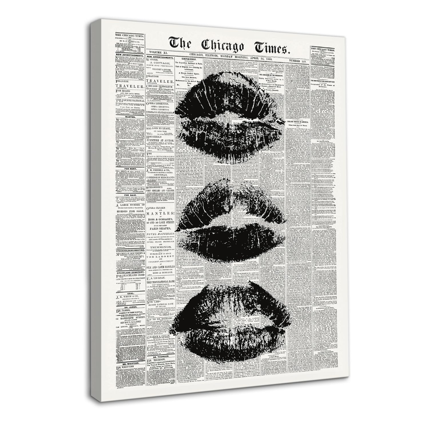 Dazzlewall Framed Vintage Newspaper Wall Art,Black and White Lip Print Modern Fashion Canvas Prints for Girls Bedroom Living Room Decor 12x16 in