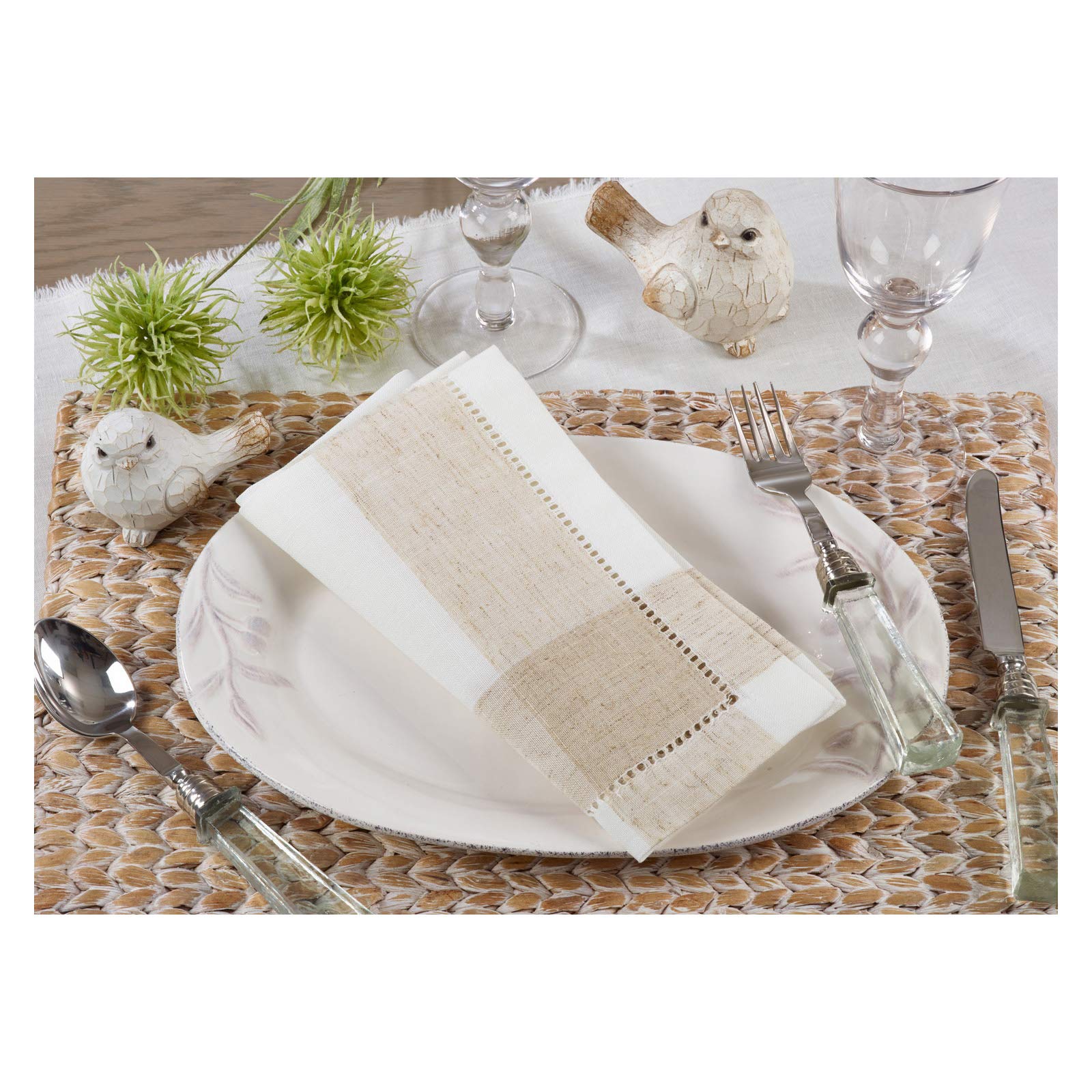Tablecloth Center Ivory Color 94% Polyester - 6% Linen Hemstitch Cloth Napkin, 20