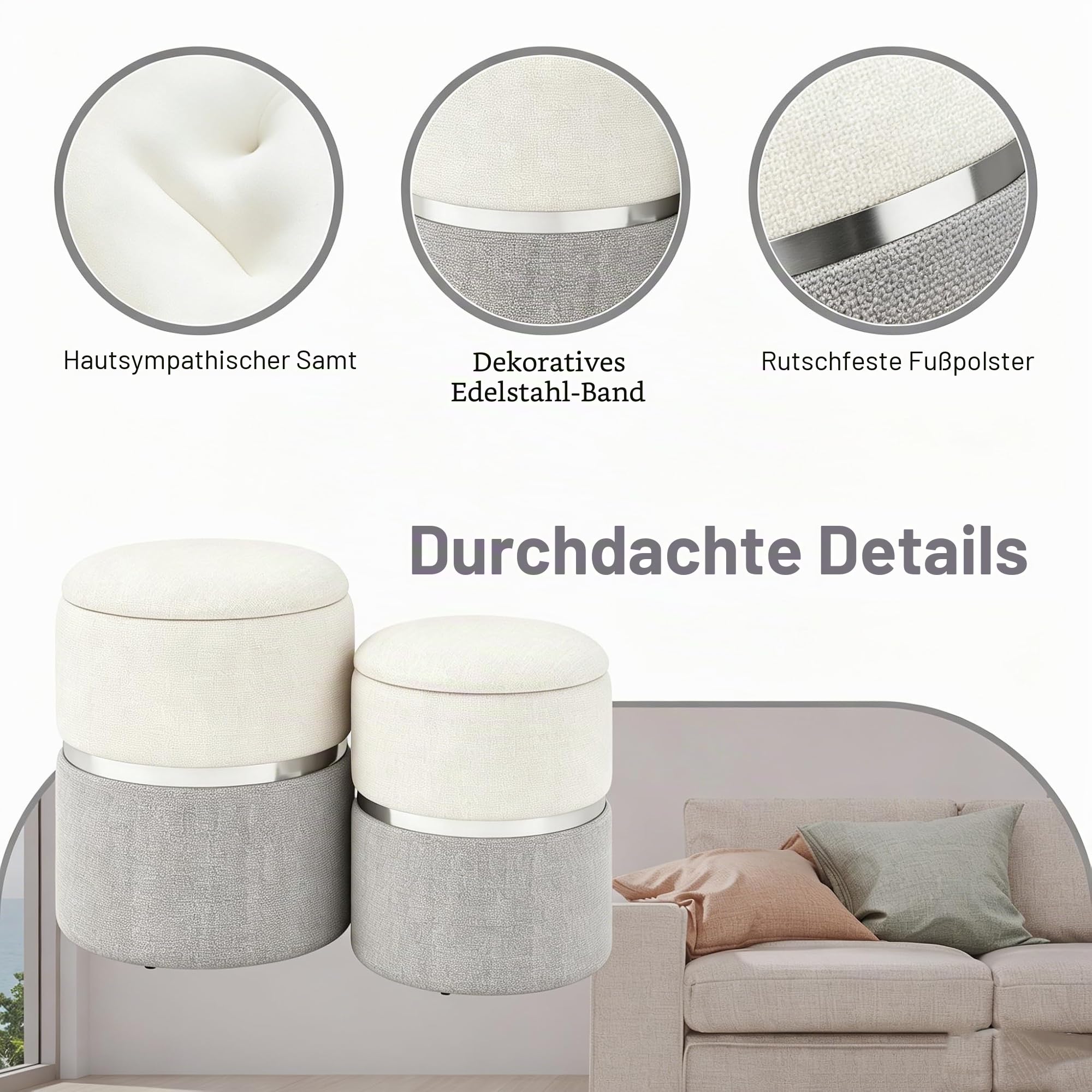 HOMASIS 2er Set Hocker mit Stauraum, Samt Sitzhocker rund, Polsterhocker aus Leinen, gepolsterter Schminkhocker Fußhocker mit abnehmbarem Deckel für Schminktisch, Wohnzimmer, Schlafzimmer (Grau)