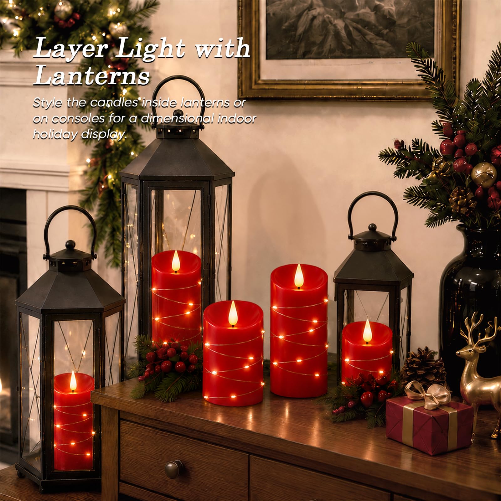 Homemory Candele rosse senza fiamma con luci a corda, confezione da 3 candele a LED in vera cera con stoppini 3D, candele a batteria con telecomando a 11 tasti e timer, per decorazioni natalizie, 7,6