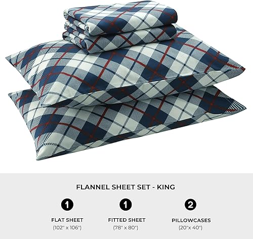 Miniatura 5 de Featherhead Juego de sábanas de franela 100% algodón, 4 piezas, tamaño King, cuadros escoceses  Doble cepillado para mayor suavidad, cálido y